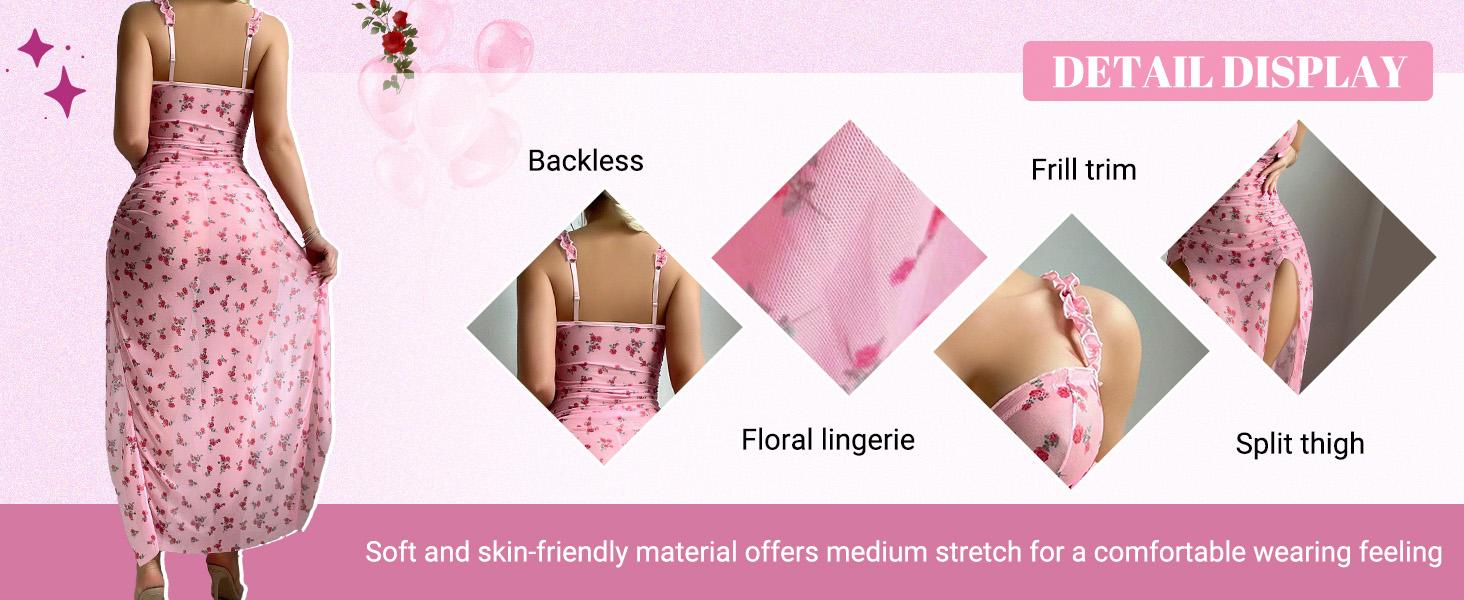 Women's 2 Piece Babydoll Lingerie Set Frill Underwire Floral Lingerie Dress Split Slip Dress with Thongs dealsforyoudays