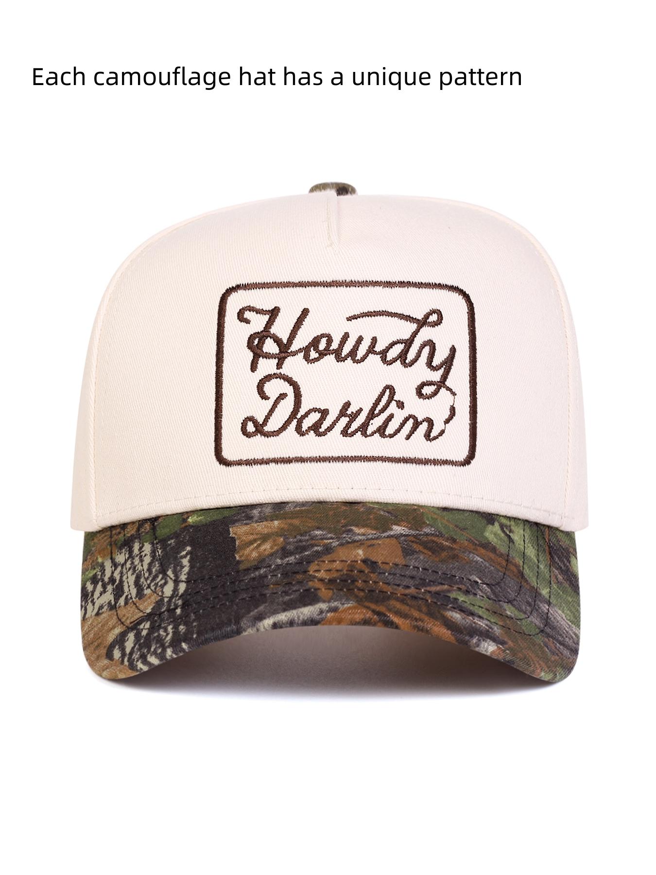 Unisex Adjustable Baseball Cap, Howdy Darlin Letter Embroidery Design, Casual Fitted Woven Fabric Hat for Spring & Fall Outdoor Activities, Camo Dad Hat, Embroidered Hat
