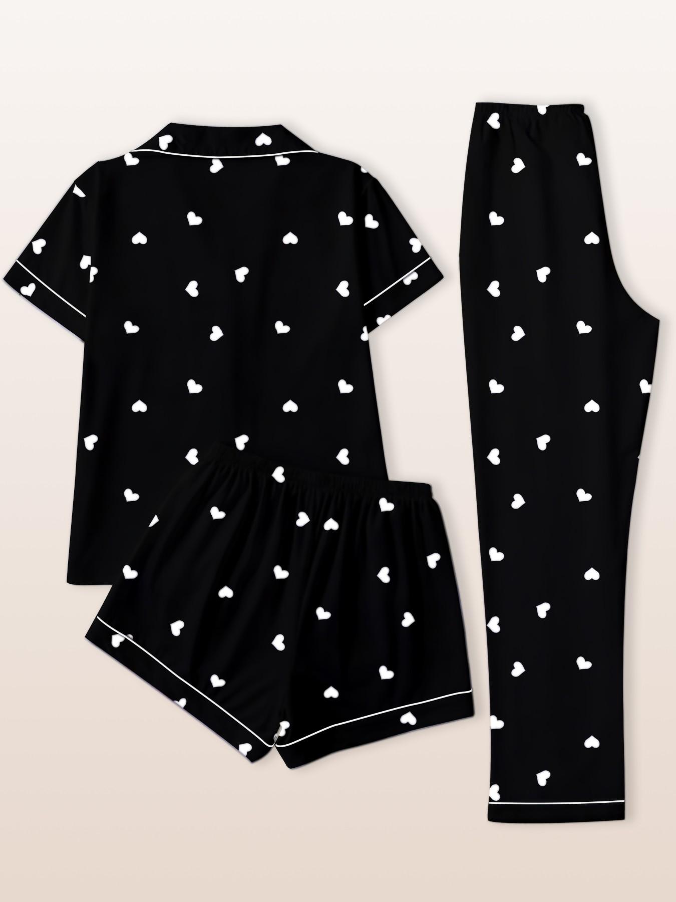 Women's Sleepwear Set, Short Sleeve Cardigan Top + Shorts + Pants, Heart Peach Print, Casual Fitted All Seasons