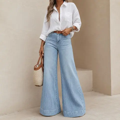 Women's Basic Lady 90s Look High-Waisted 90s Wide-Leg Vintage Blue Denim Jeans - Loose-Fit Full-Length Streetwear Casual Bottom Pants, Multi-Size Trousers