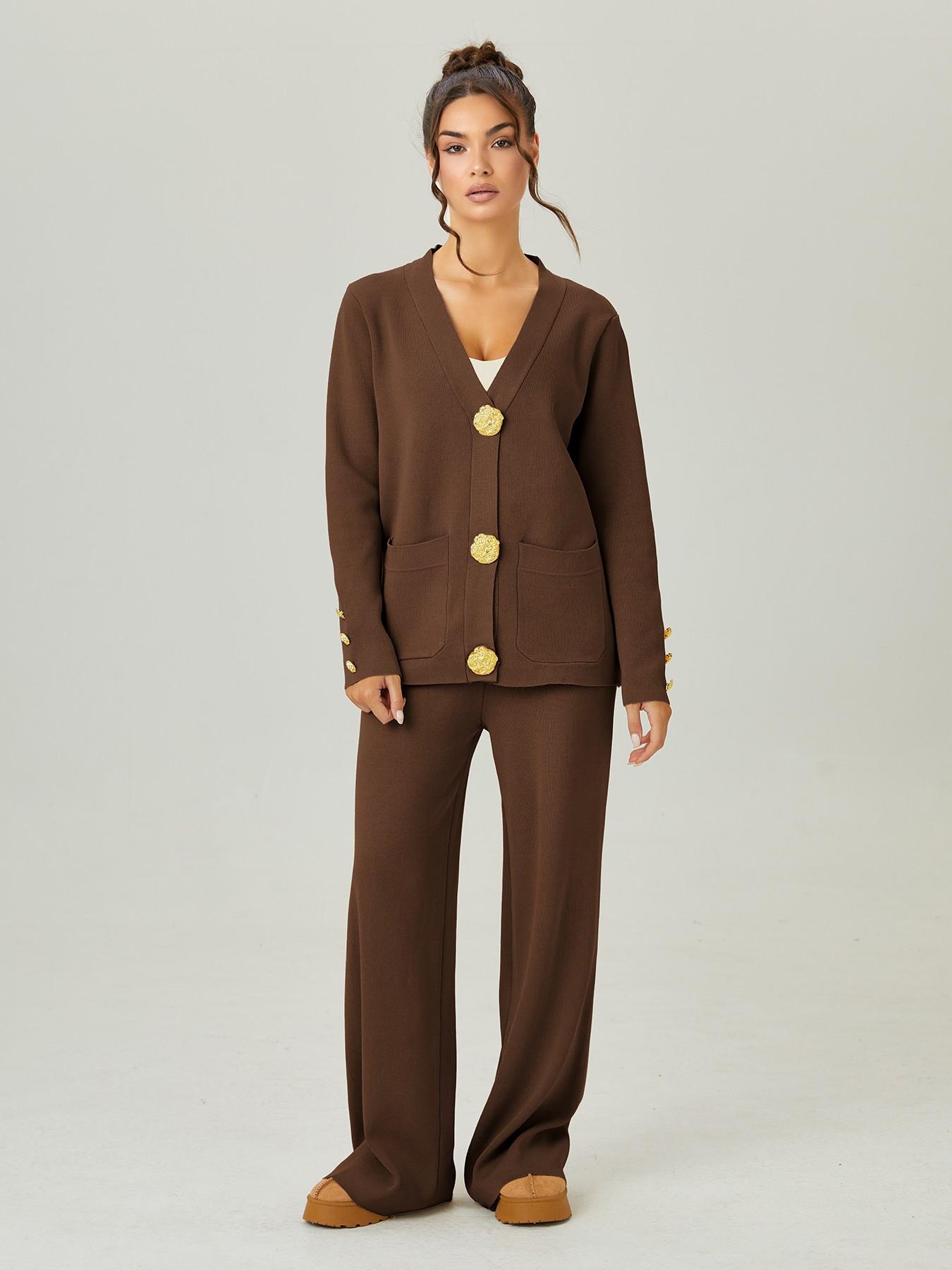 Women's Versatile V-Neck Gold Button Side Pocket Knit Cardigan and High Waist Wide Leg Pants Set, Elegant Two-Piece, Comfortable Women's Clothing#TikTokMadeMeBuyIt #CasualChic#MatchingSet