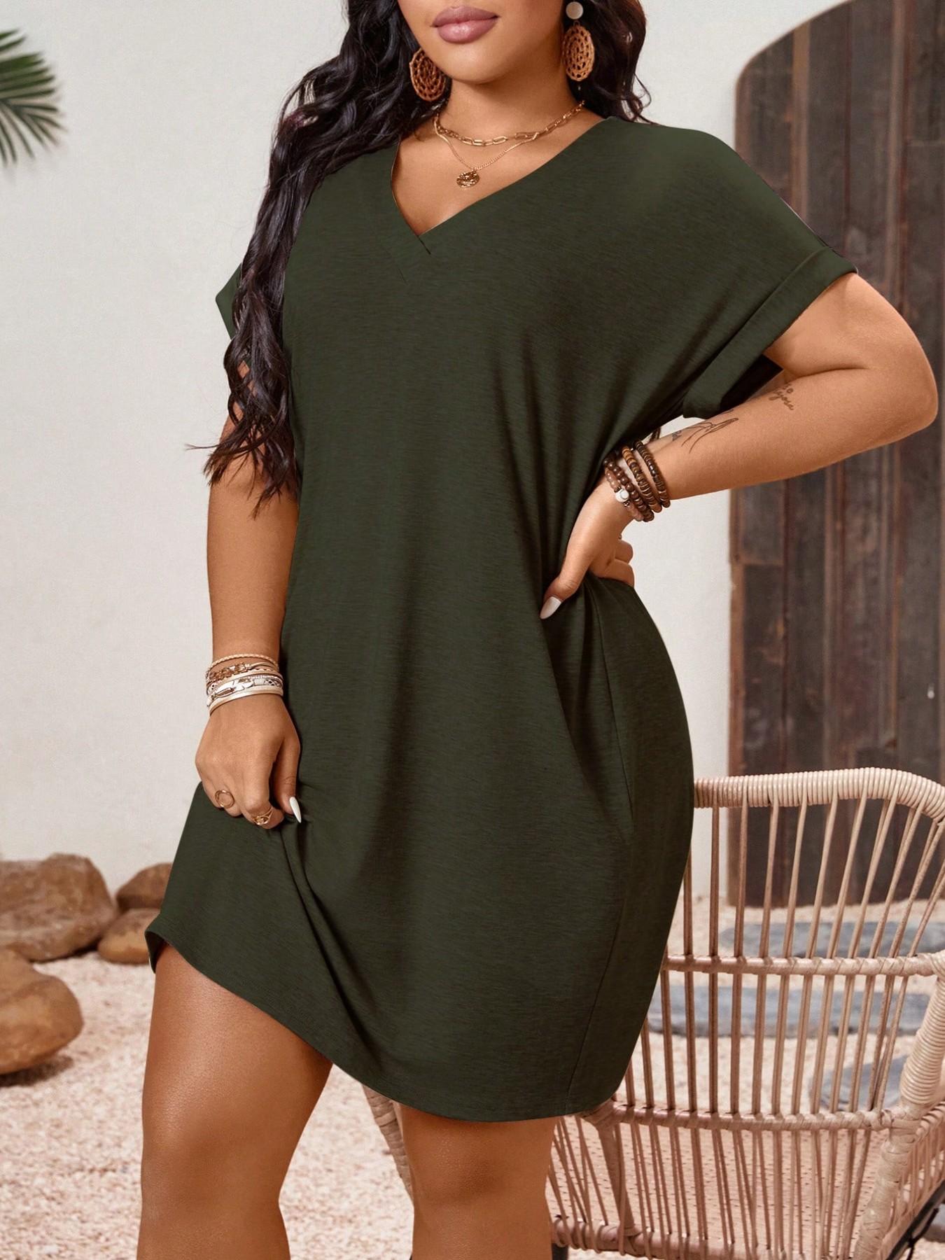 Plus Size Women's Loose T-Shirt Dress, V Neck Batwing Sleeve, Comfortable  Casual Summer, Daily Commute, Home Leisure, Vacation - TikTok Shop