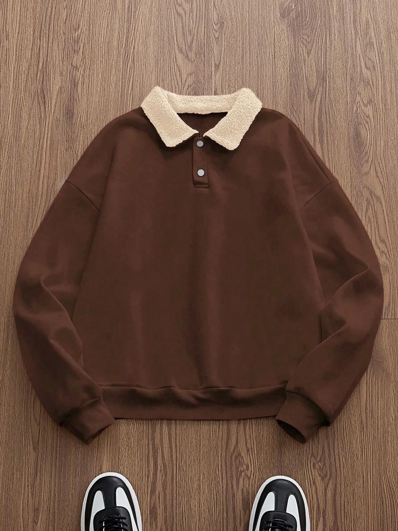 Trendy Retro Lamb Wool Collar Sweatshirt, Cross Print Polo Shirt