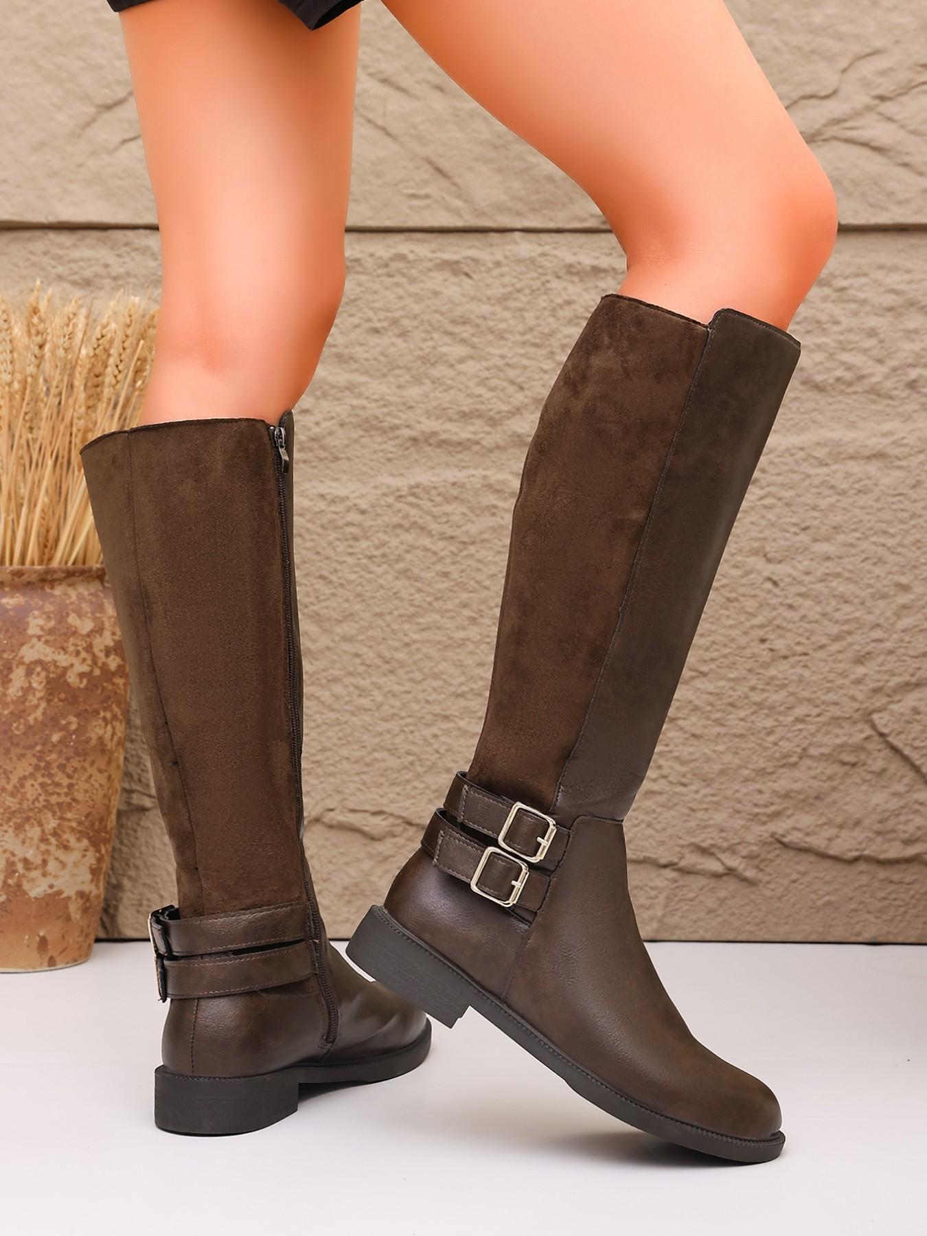 Simple Straight Calf Knight Boots, Round Toe Flat Sole, Dual Buckle Decor, Distressed PU Leather, Side Zipper, Daily Wear Tall Boots