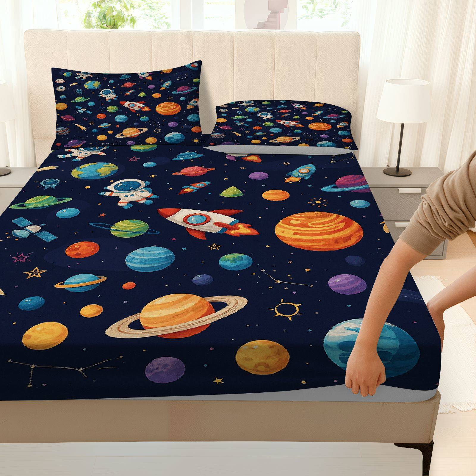 3Pcs Space Planet Astronaut Fitted Sheet Three Piece Set (1*Fitted Sheet+2*Pillowcases, Coreless), Science theme, Galaxy Bedding Set, Mattress Protector Soft, Breathable