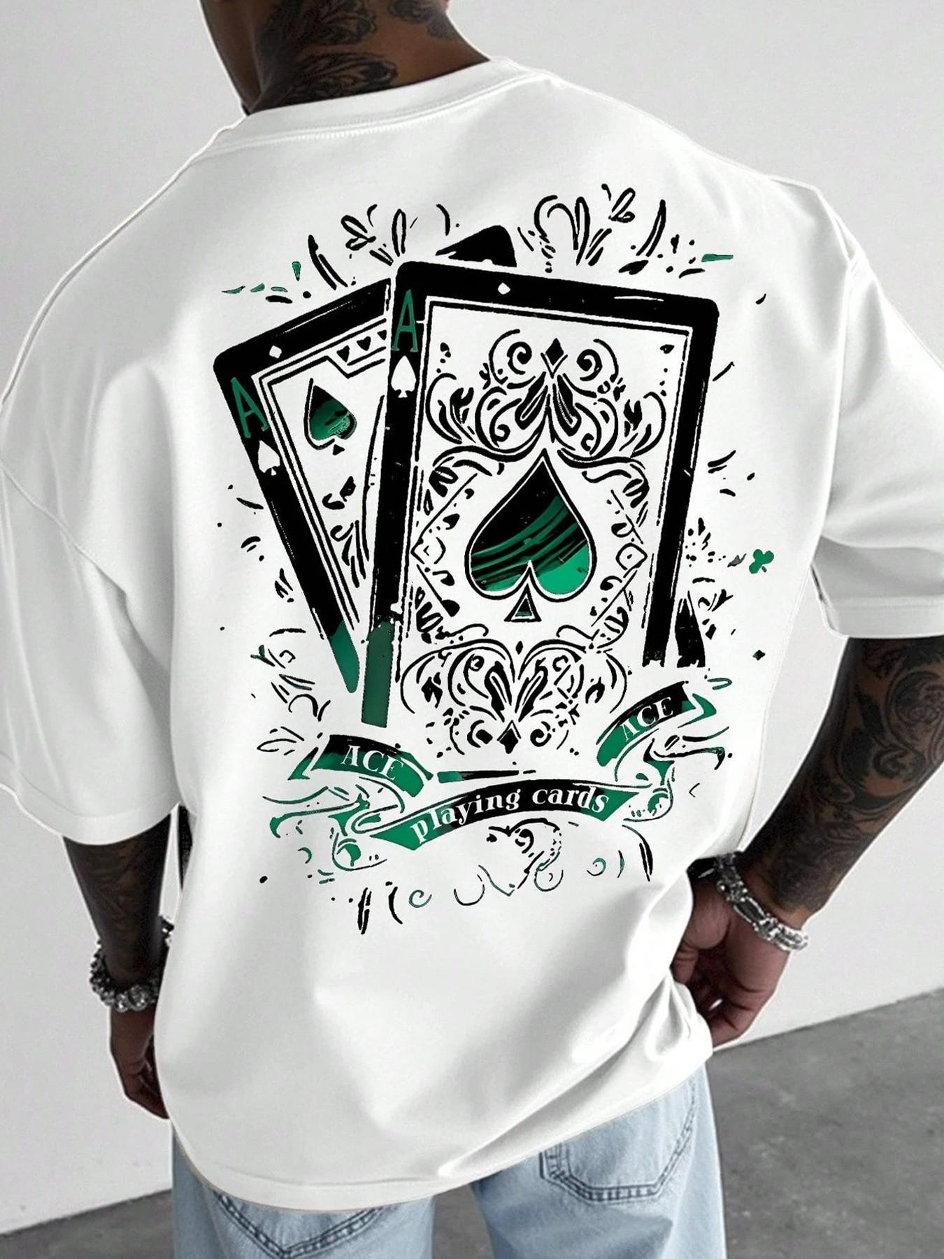Men's Casual Short-Sleeve T-Shirt, Long Vintage Street Style Ace of Spades Playing Card Print, Loose and Versatile Top, Suitable for Hip-Hop Fashion, Streetwear and Daily Wear