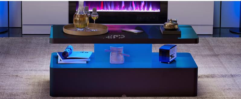 AHB Contemporary Coffee Table with Rounded Corners LED Lighting High Gloss 2 Tiers in 16 Colors Modern Living Room Furniture