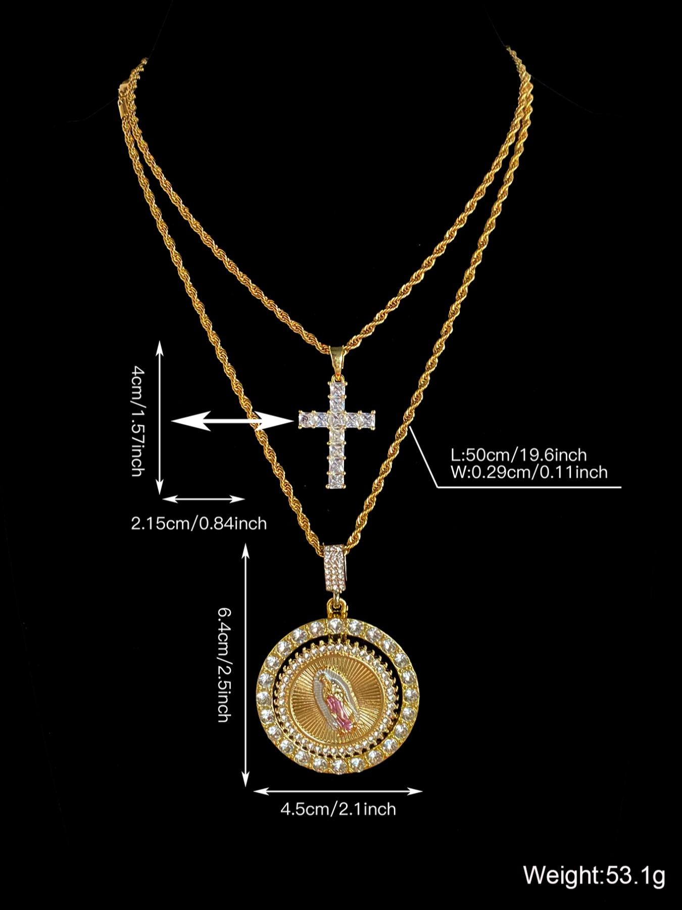 Virgin Mary Pendant Rope Chain & Cross Pendant Necklace, Rhinestone Decor Layered Necklace, Fashion Jewelry Accessories for Women & Men, Cross Necklaces