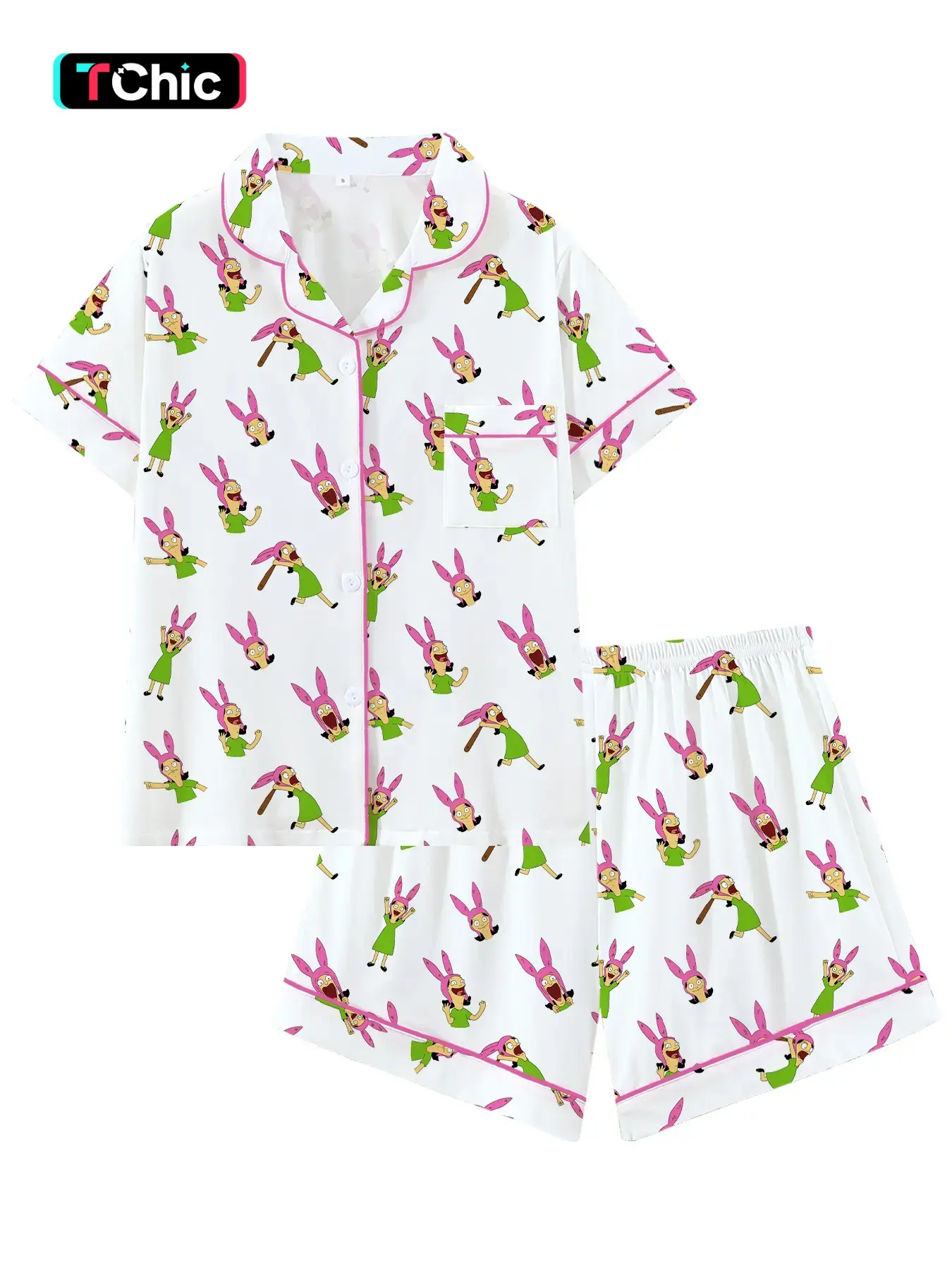 Bobs Burgers Family Louise Cute Burger Collar Short Sleeve Pajama Set Pjs, Comfortable Sleepwear Loungewear and Homewear Lounge Clothes for All Seasons, Party Gift, Collared Pajama Set, Pajama Lounge Sets