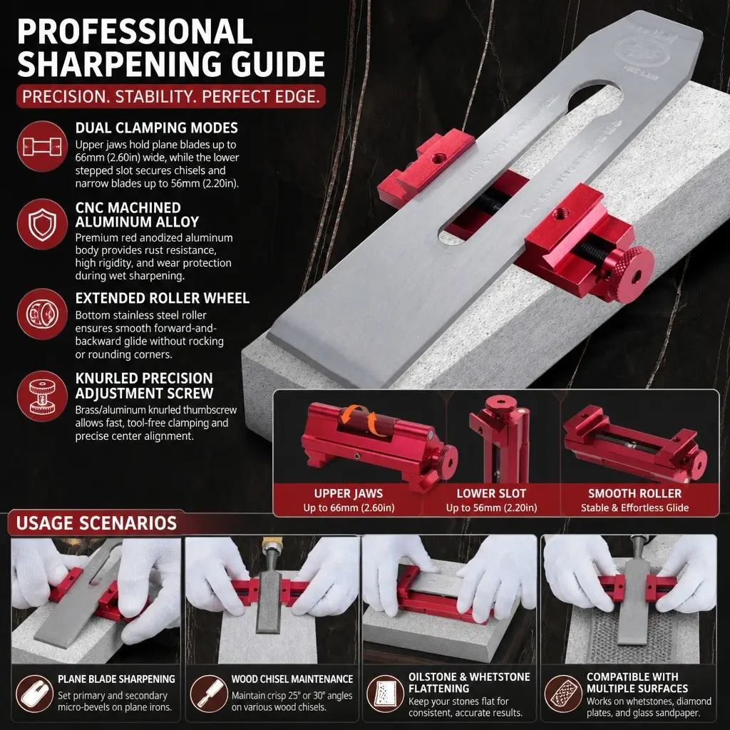 1 Pc Honing Guide Jig, Red Anodized Aluminum Alloy Precision Sharpening Guide Tool with Wide Roller & Clamping Jaws for Woodworking Chisels & Planer Blades, Ideal for Woodworkers & Craftsmen