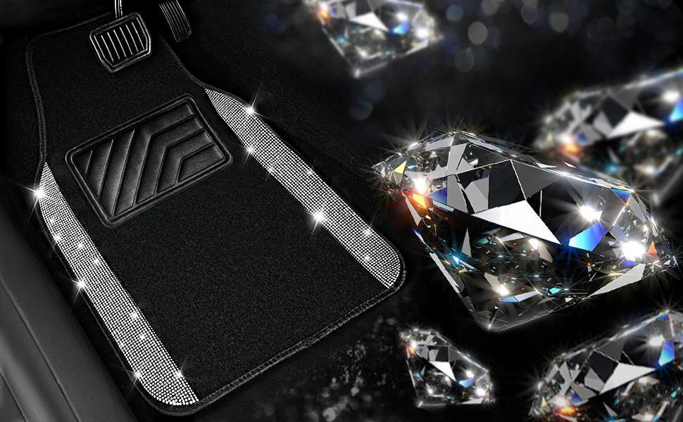 CAR PASS Bling Diamond Leather Steering Wheel Cover 14.5in-15in Floor Mats Shining Rhinestone Carpet Sparkly Glitter Crystal Anti-Slip Pad Fit Automotive SUV Pickup Truck Girl Women, 5pcs Black Sliver