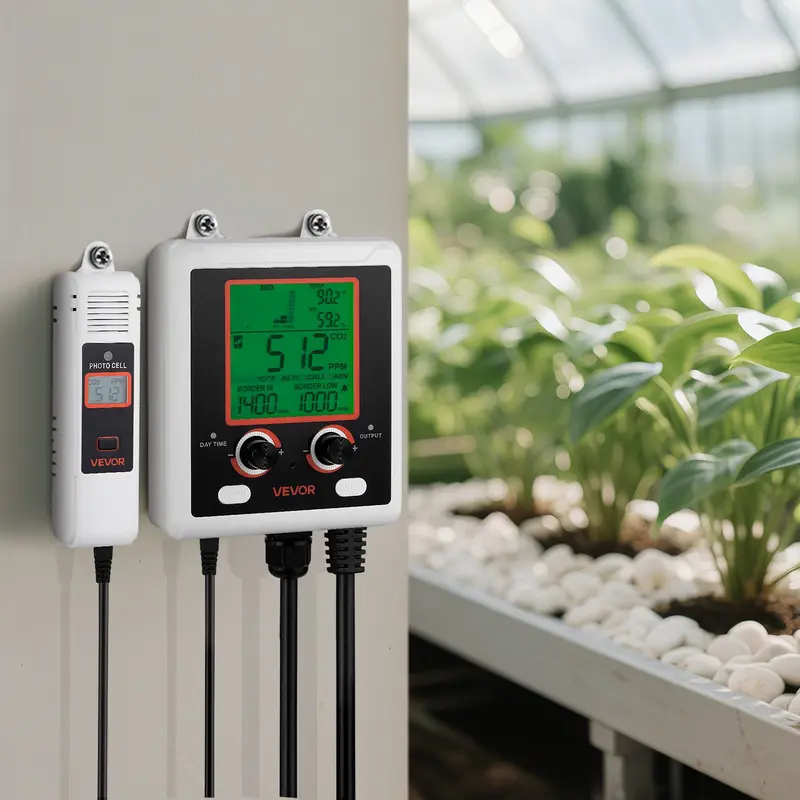 VEVOR Hanging Compact Digital CO2 Monitoring Controller with NDIR Sensor, LCD Display, 0-5000ppm Range, Dual Outlets, Day-Night Detection, Human Auto Sensing, Auto Ventilation, Accurate CO2 Tracking, 1.61 lbs, 32-122°F/0-50°C for Greenhouse