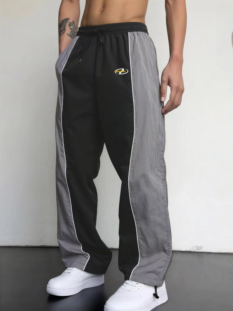 Men's Fashion Casual Sports Pants, Striped Colorblock Design, Letter Print, Nylon Fabric, Lightweight Breathable, Perfect for Daily Wear