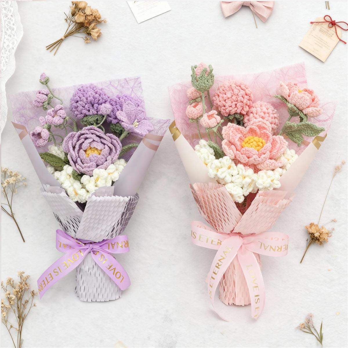 Handmade Knitted Flower Bouquet, Artificial Peony Fake Flowers, Mother's Day Valentine's Christmas Birthday Gift, Wedding Decoration, Artificial Mixed Flower