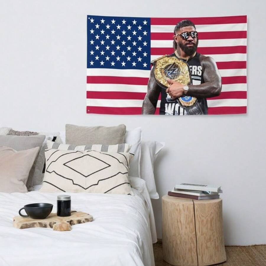 J U Y Wrestling Banner, American Flag Background with Champion Belt Design, 3x5 Ft Indoor & Outdoor Wall Decor Flag for Wrestling Fans