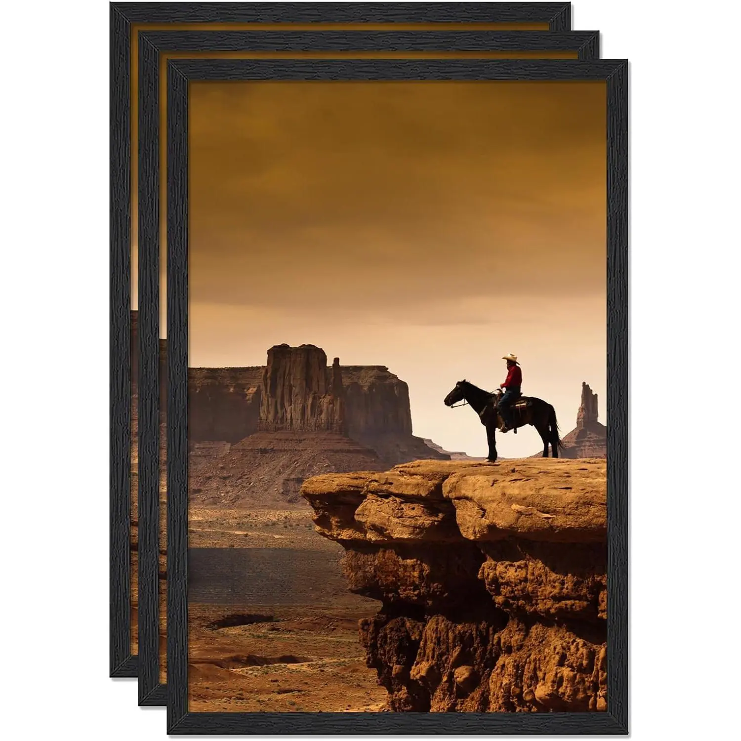 16 x 24  Wood-grain Picture Frame Set of 3 Black Light Weight Wall Mount-Engineered Wood Material Frame for 16by24 Rectangular Photo Poster,Acrylic Stand magnetic frames