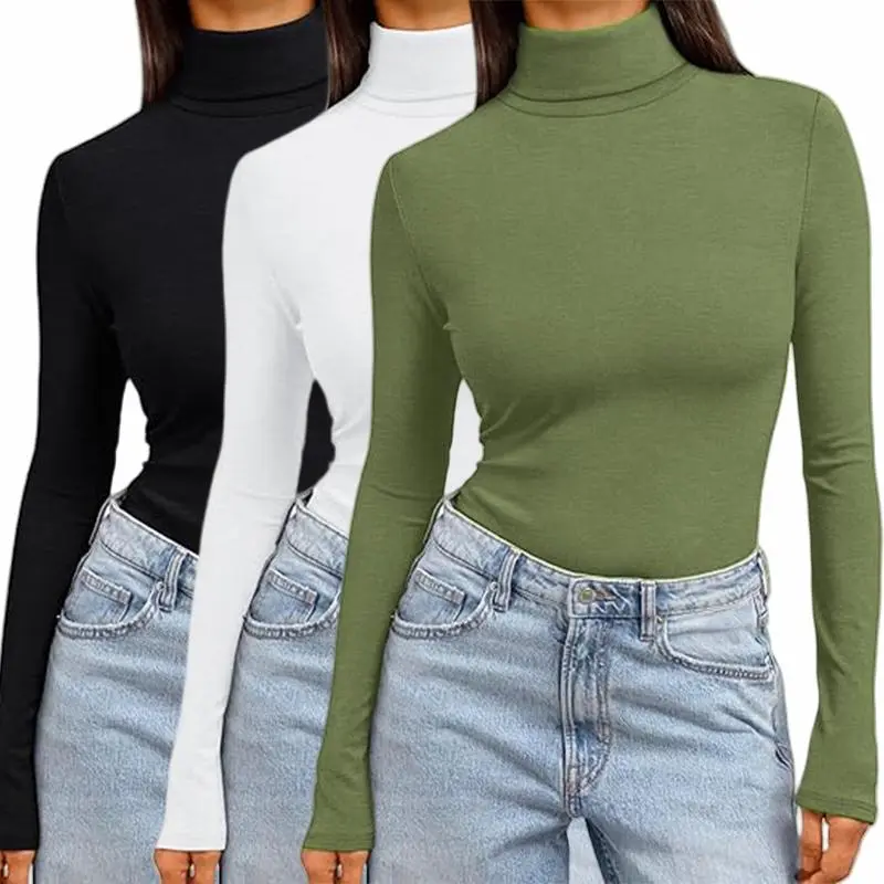 Women's 3-Pack Basic Long Sleeve Thermal Underwear Tops - Chic Style 3 Tops for Days, Slim-Fit Round Neck Mini Crop, Soft Breathable Ruched Rayon, Color-Sorted Wash, Casual Daily & Loungewear Use