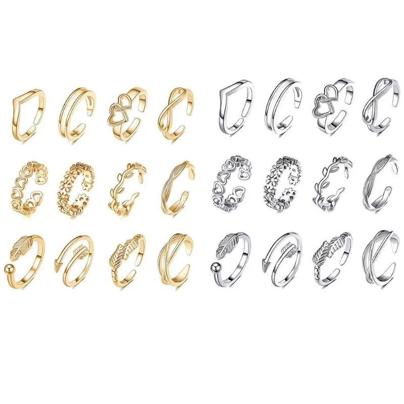 12pcs Foot Open Adjustable Toe Rings Pattern Alloy Adjustable Rings Set For Women Beach Foot Jewelry 12 Piece Set
