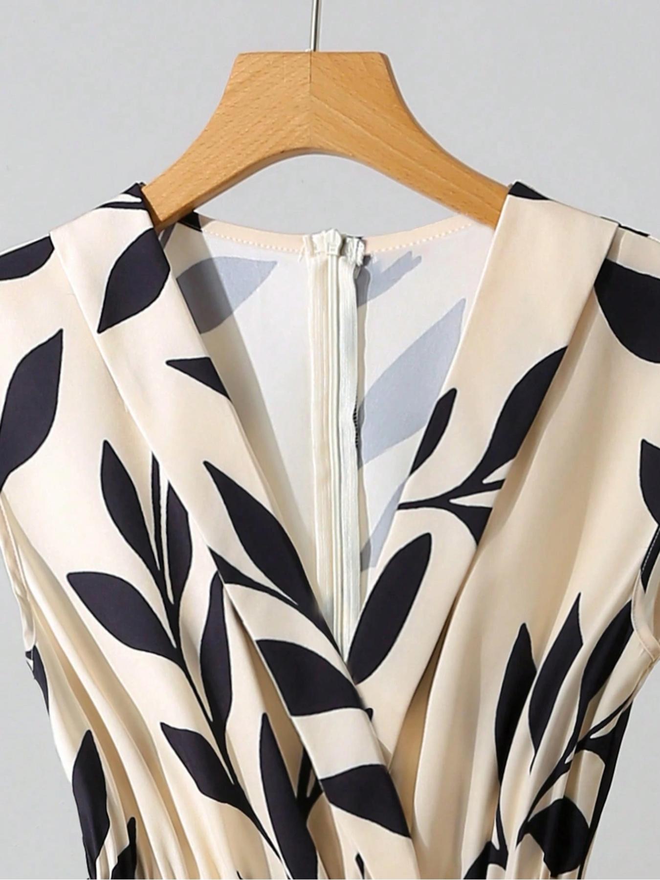 Women's V Neck Leaf Print Wide Leg Jumpsuit, Sleeveless High Waist Design, Fashionable Comfort, Perfect for Casual & Formal Wear, Elegant Fashion Jumpsuit