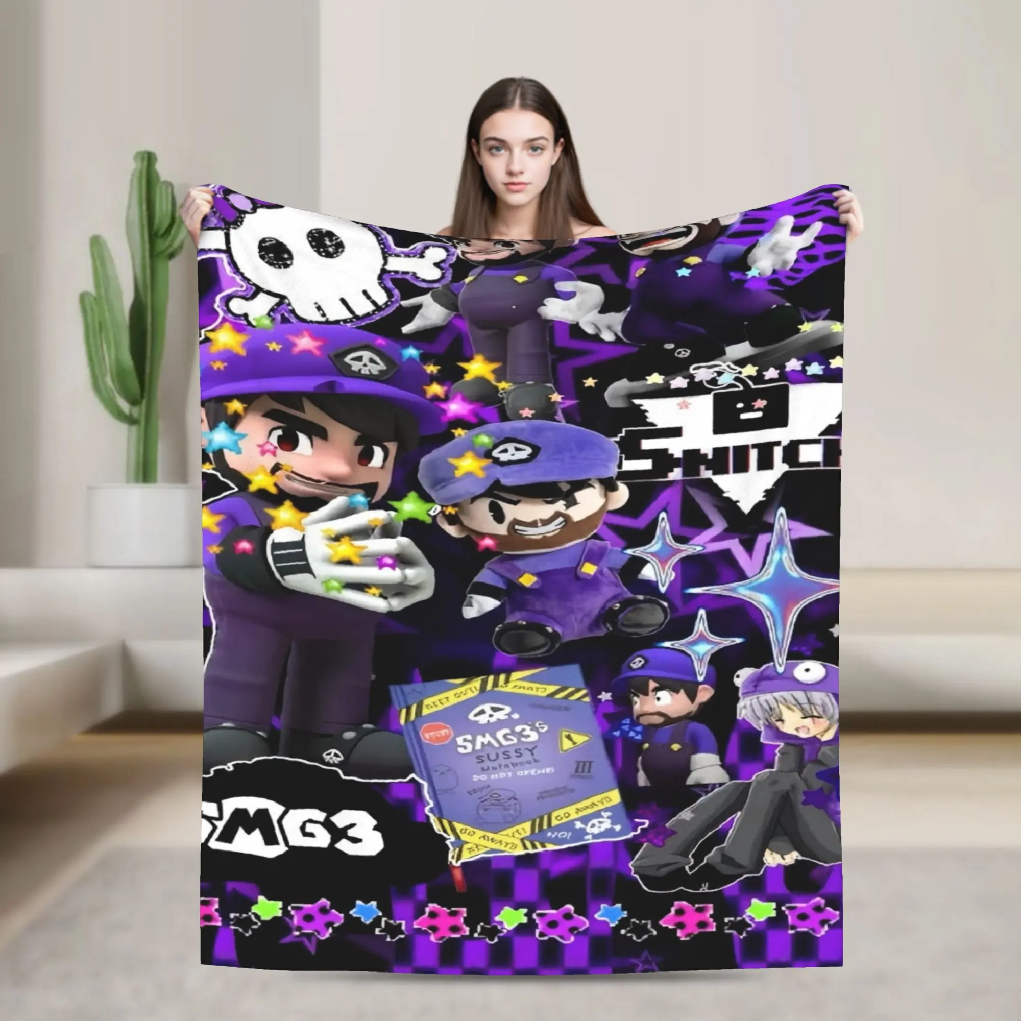 SMG4 Series SMG3 Purple Theme Character Print Flannel Throw Blanket - Pure Cotton, Wrinkle Proof, Multi-Size for Camping Travel