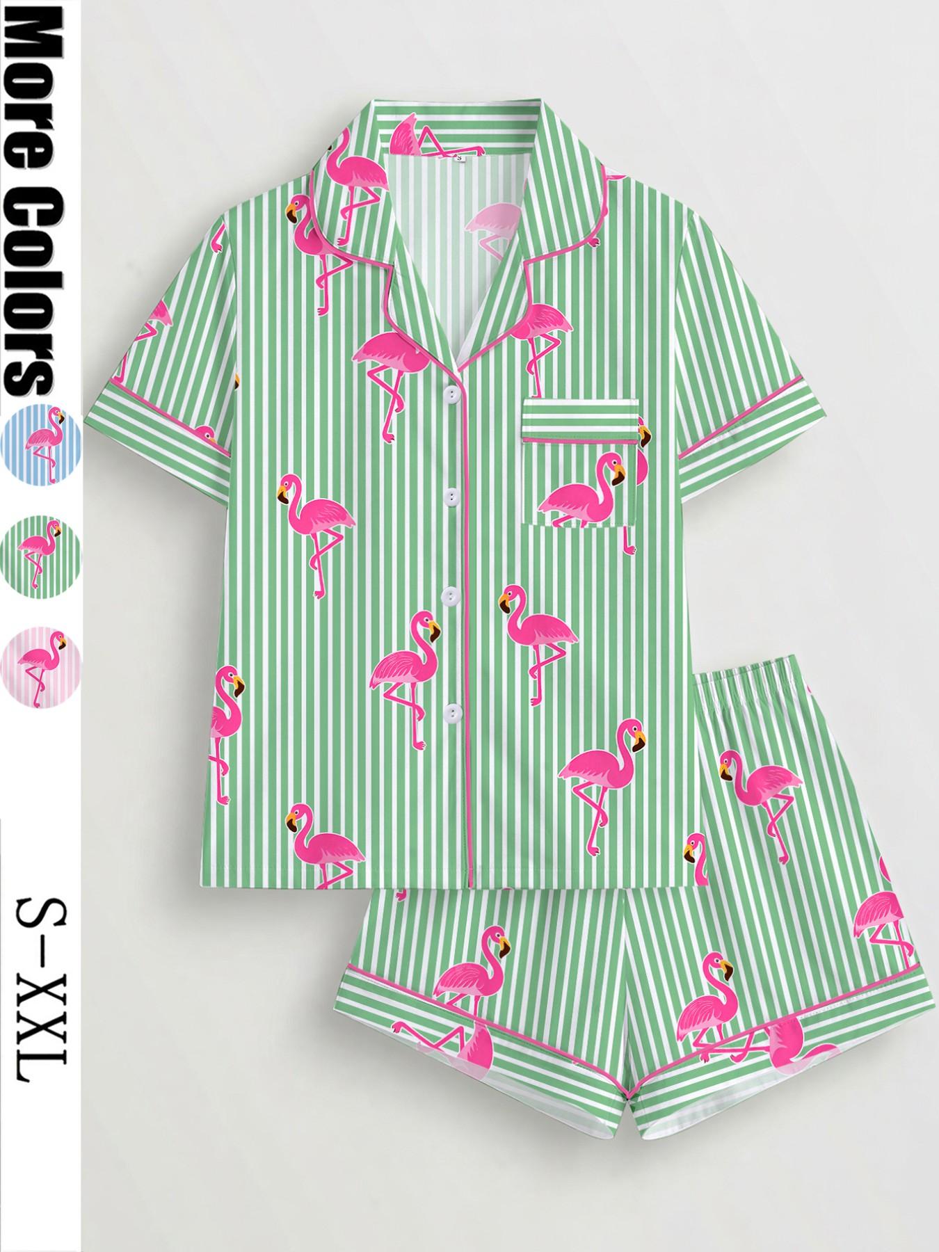 Women's Striped Flamingo Print Pajama Set Pjs, Short Sleeve Button-Up Top & Elastic Shorts, Casual Loungewear Outfit & Pajamas for Home Wear, All Seasons