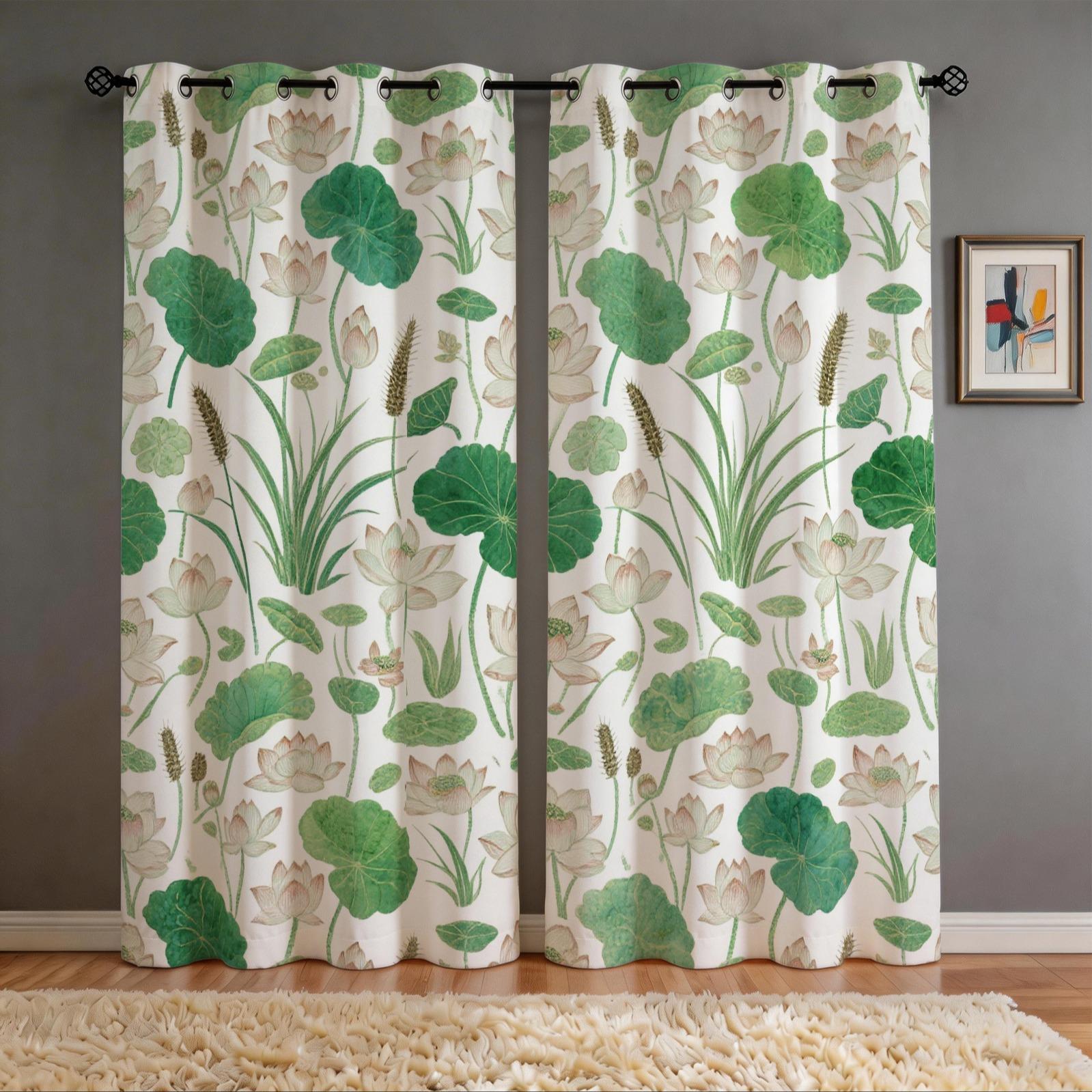 Watercolor Lotus Pond Curtains 2 Panels, HD Digital Printed Curtains, 80%-90% Light Blocking Darkening Curtains, Easy to Install Decorative Curtains for Living Room Bedroom Home Decor