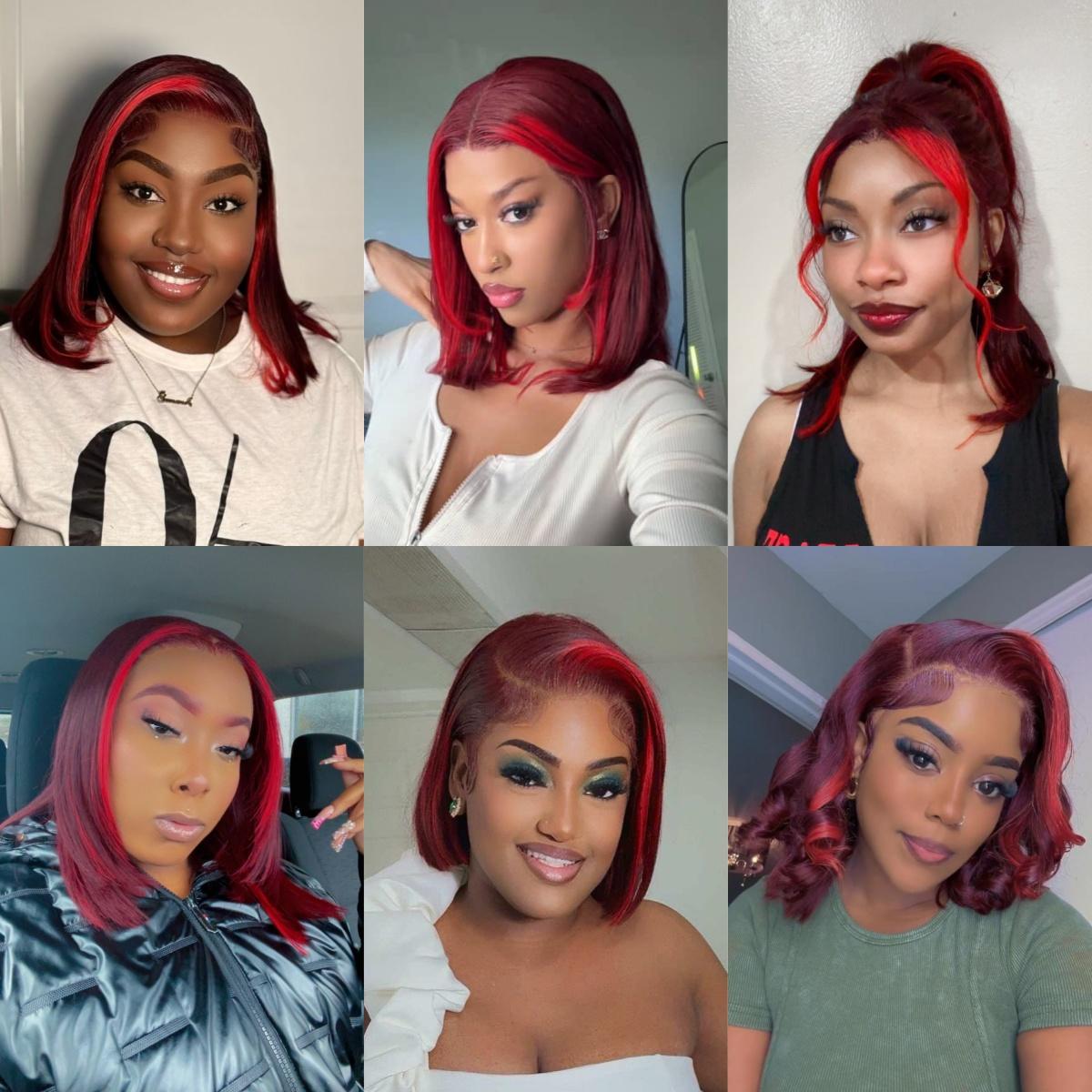 Highlight Red 99J Bob Wig Human Hair 180 Density 13x4 Lace Frontal Wigs for Women Red Highlight Burgundy Transparent Lace Frontal Straight Short Bob Wig Human Hair Wigs Pre Plucked SpringStatements