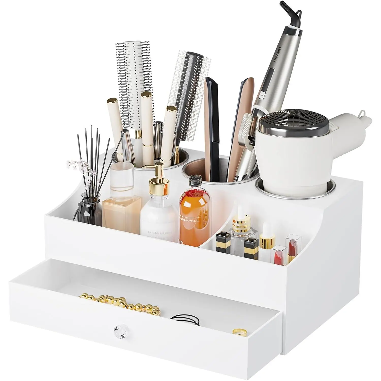 Hair Tool Organizer, Acrylic Hair Blow Dryer Holder Stand for Straightener and Curling Storage, Bathroom Vanity Countertop Organization for Makeup Accessories (White)