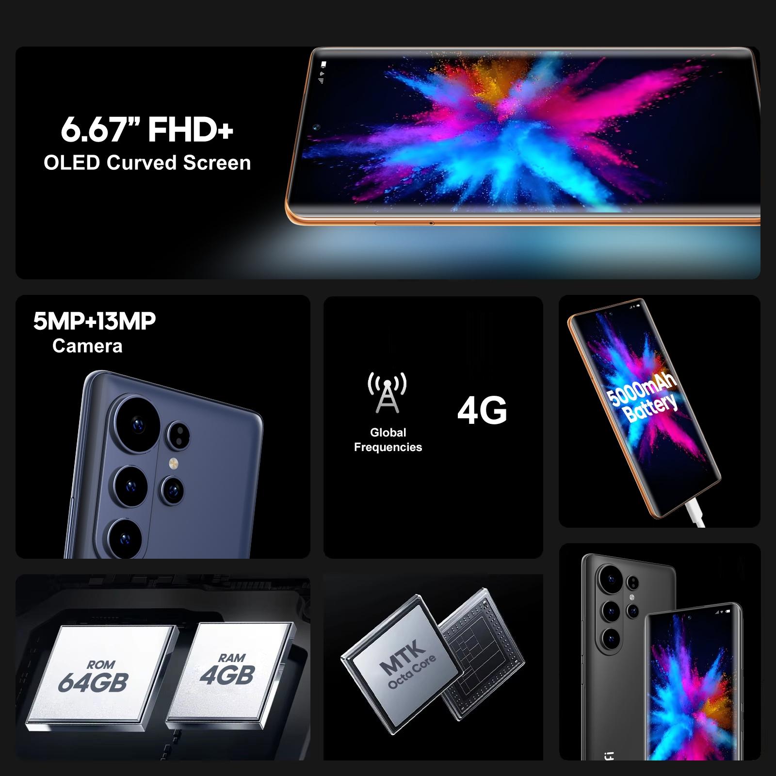 FUFFi 6.67-inch curved screen, 4G network smartphone, 4GB RAM+64GB ROM, 5MP+13MP high-definition camera, eight core processor, Android 12.0 stylish phone, 5000mAh battery, dual card dual standby, GPS