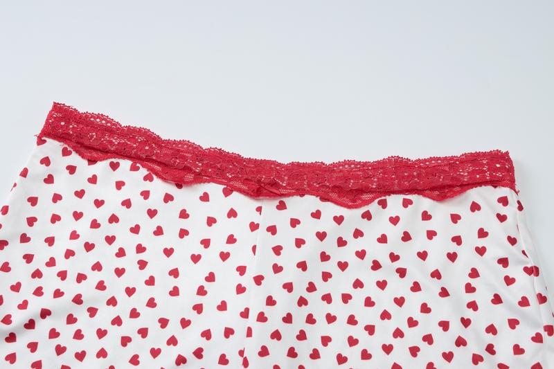 Women's Heart Print Contrast Lace Cami Top & Shorts Pyjama Set, Sexy Casual Comfy  Two-piece  Pj Set, Women's Sleepwear for Summer