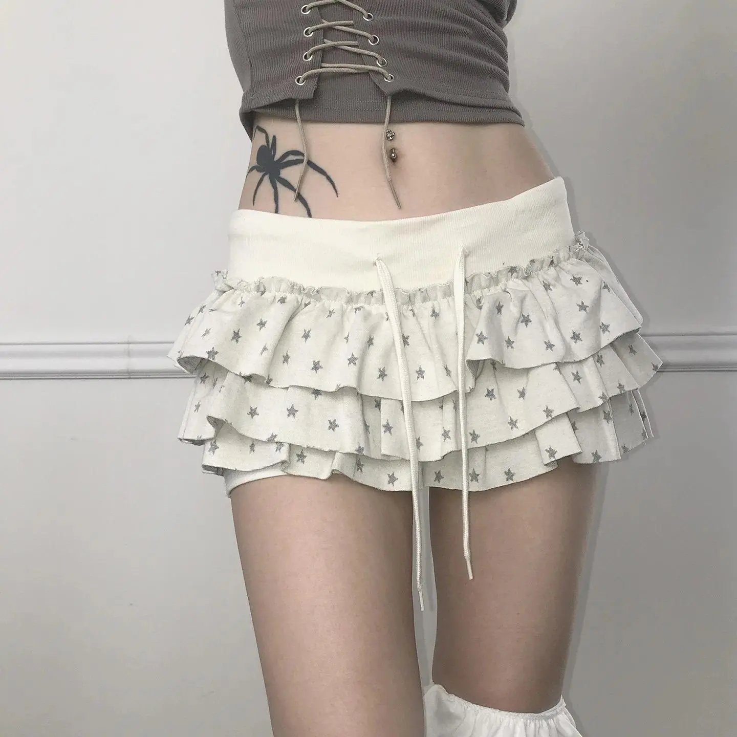 2026 Star Print Multi Layer Pleated Cake Skirt Cutecore Girly Clothing Low Waist Mini Skirts Petite Woman Clothes Casual Elegant