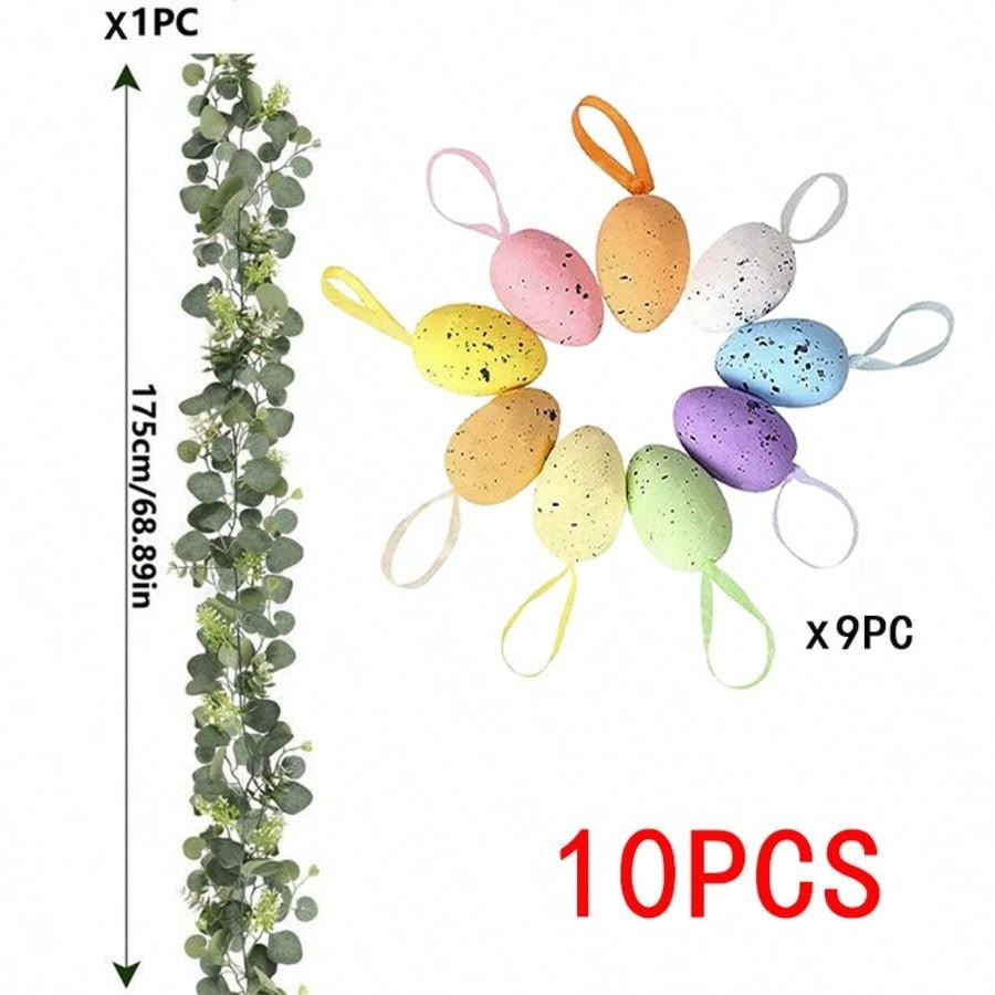 10pcs Easter Egg Eucalyptus Vine Set, Realistic Eucalyptus Leaf Colorful Spotted Foam Eggs Hanging Decor, Spring Festival Party Atmosphere Decoration