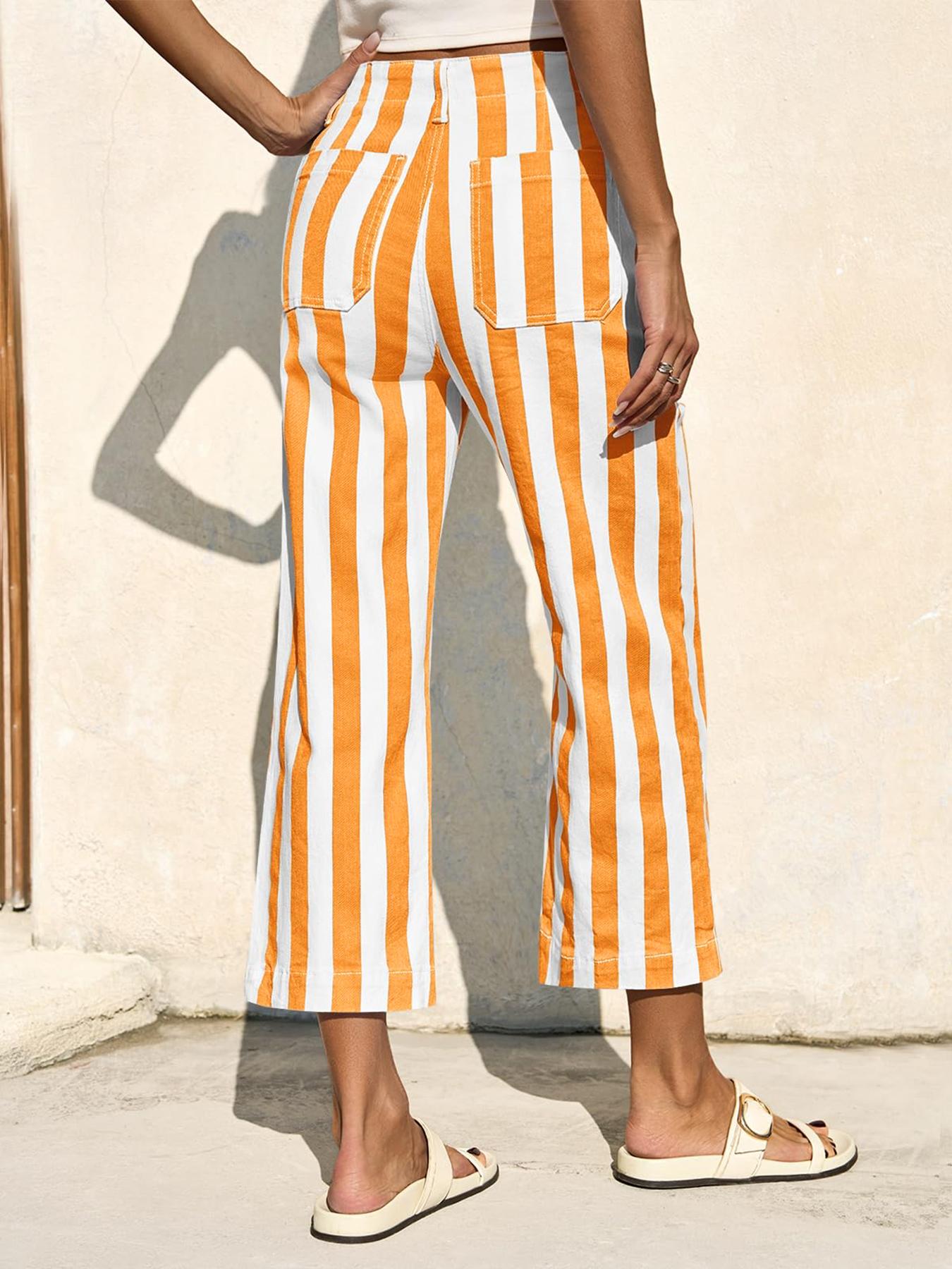 Aswulk Womens Cropped Striped Jeans Casual High Waisted Stretchy Straight Leg Denim Pants with Pockets