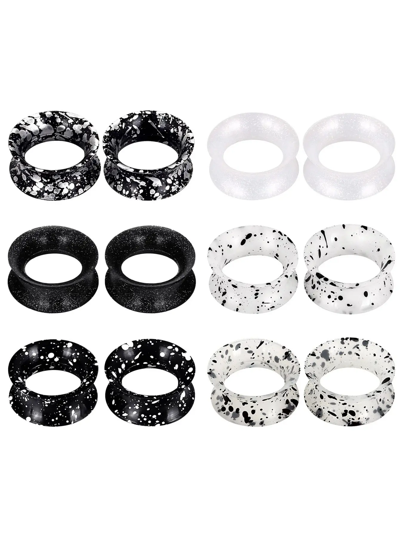 6Pairs Black and white Series Spotted Soft Silicone Tunnels Set Ear Expander Tunnels Gauges Plugs Stretchers Double Flared Flesh Tunnels Ear Piercing Jewelry for Women Men