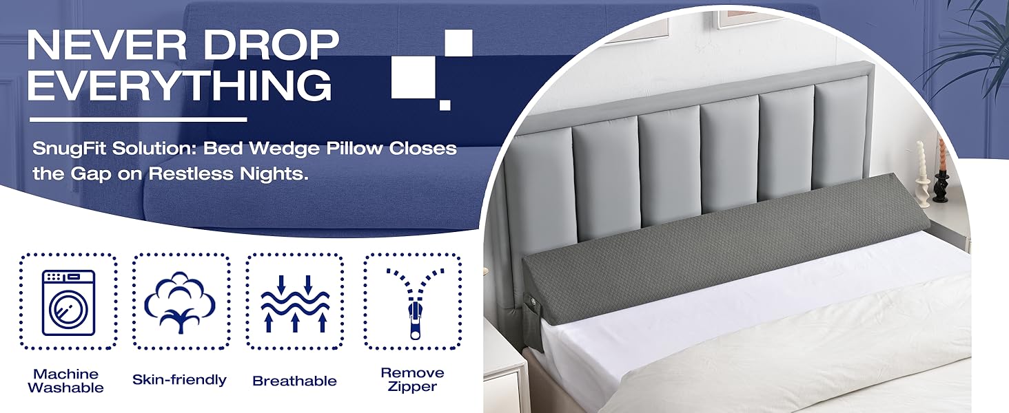 Queen Bed Wedge Pillow for Headboard Gap Filler use Pillows for Sleep Apnea,After Surgery,Acid Reflux Relief,Leg Swelling,Between Corner Wall and Mattress/Frame, Home Bedroom 60"x10"x6"