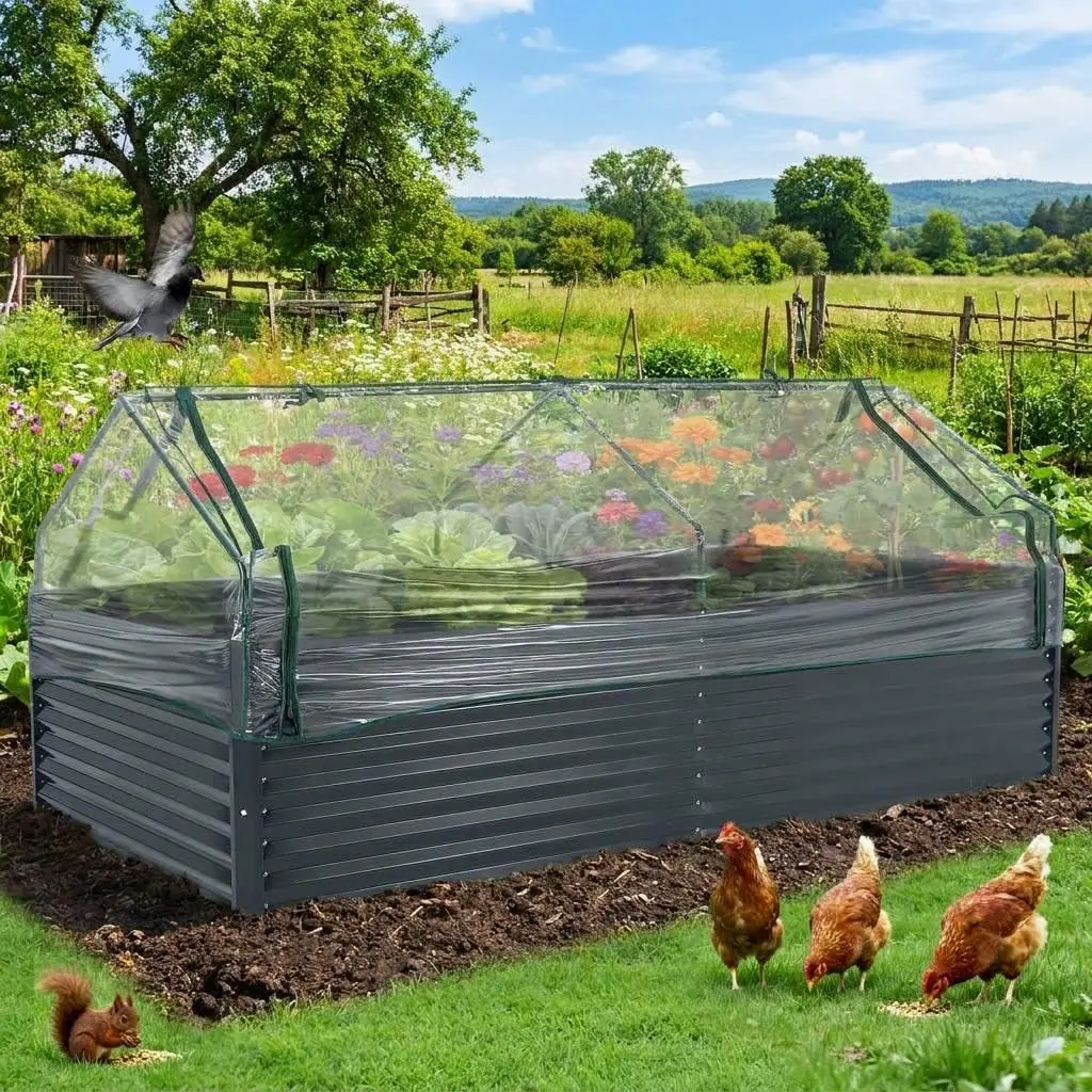Large Galvanized Steel Raised Garden Bed Kit with Cover and Zippered Screen Doors, Open Base Design, Easy Assembly, Planter Box for Vegetables and Flowers, Dark Green, 6x3x1 ft