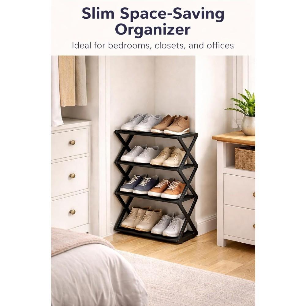 4 Layer Foldable Shoe Rack, Space Saving Storage Solution, X Frame Vintage Style, No Assembly Needed, for Porch, Closet, Kitchen