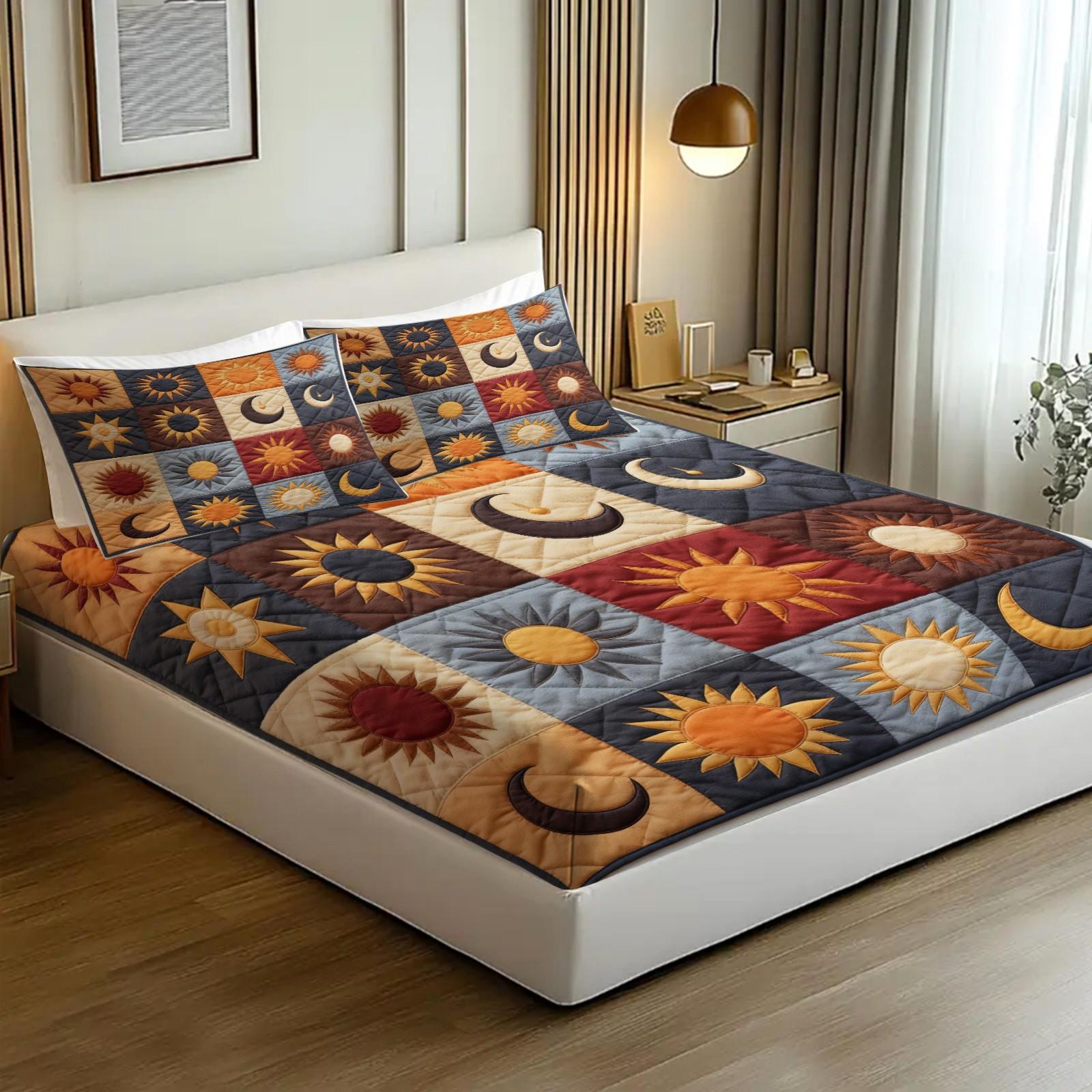 3Pcs Sun and Moon Pattern Patchwork Boho Fitted Sheet Set,Bohemian-Themed Bedding Set,Blending Freedom and Mystery, Creating A Story-Filled Bedroom Scene.Durable Soft Bedding,for Room Decoration. Includes 2 Pillowcases without Inserts.