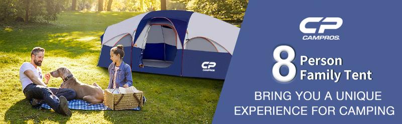 CAMPROS CP Tent 8 Person Camping Tents, Weather Resistant Family Tent, 5 Large Mesh Windows, Double Layer, Divided Curtain for Separated Room, Portable with Carry Bag