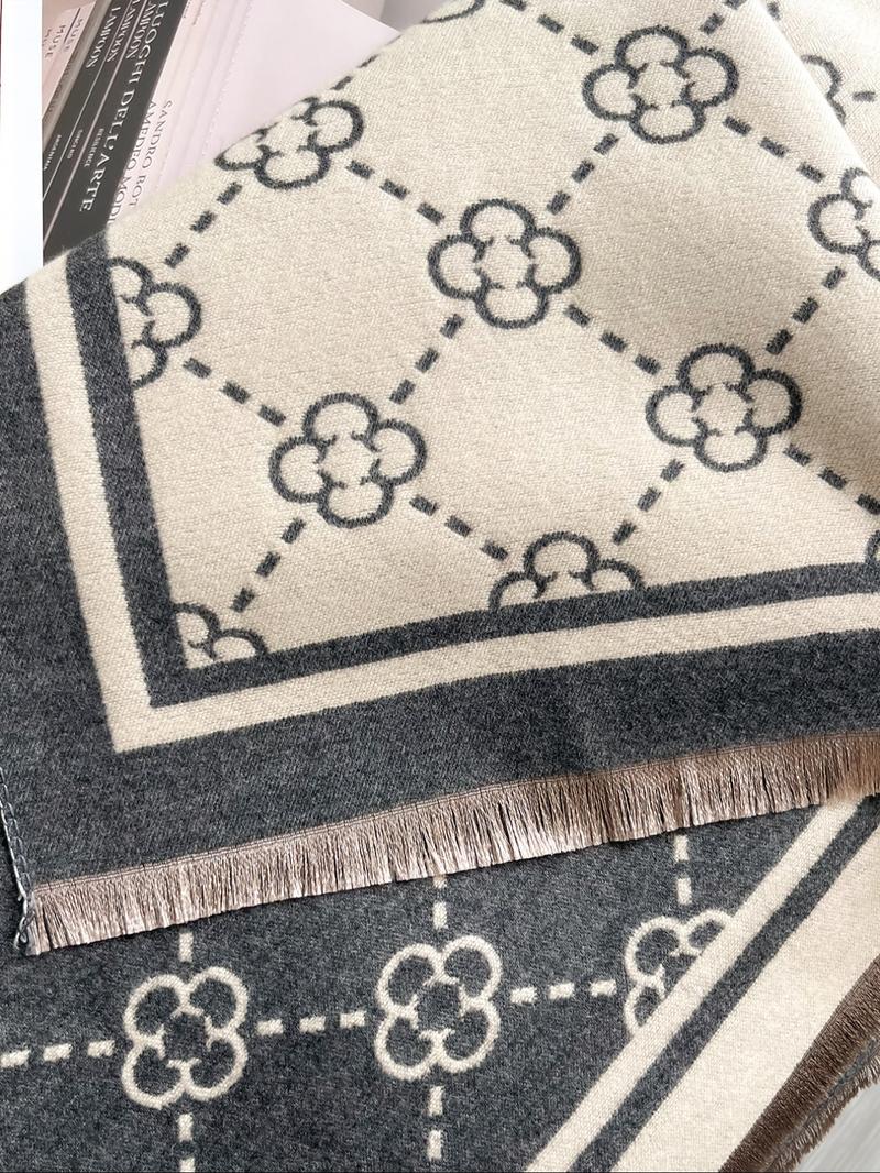 Double Sided Four-leaf Clover Print Scarf, Tassel Decor Elegant Soft Warm Floral Print Shawl for Fall & Winter, Fashion Accessories for Women & Men