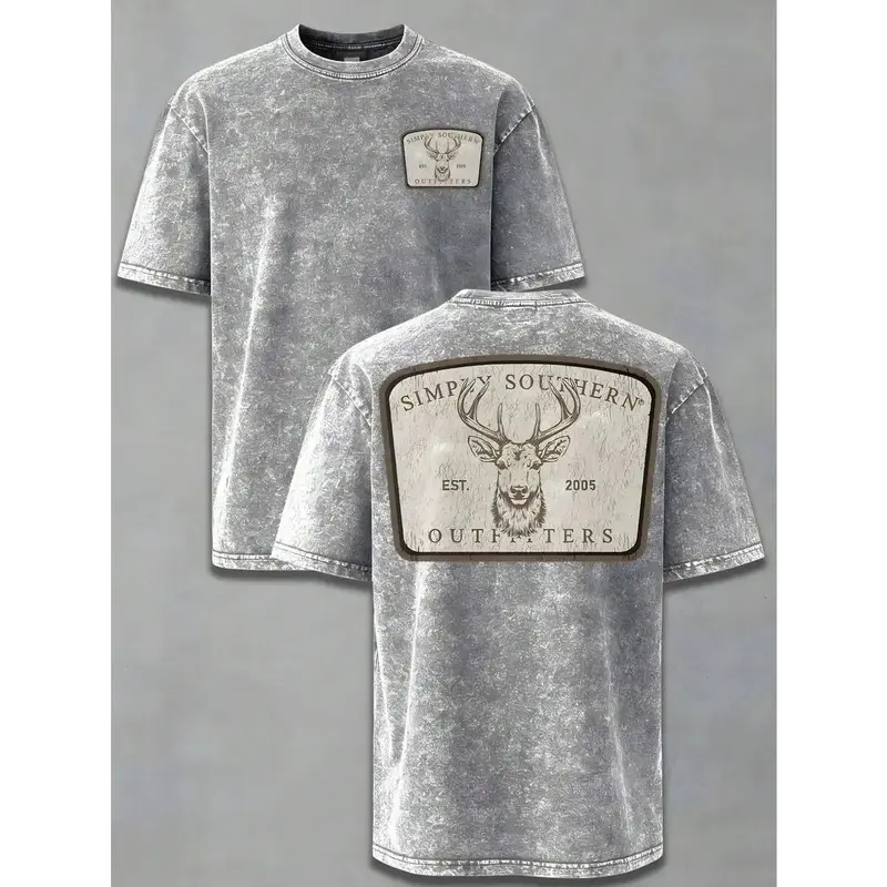 Simply Southern Outfitters Unisex Round Neck Double-Sided Print Mineral Washed Cotton Oversized T-Shirt - Menswear Casual Streetwear Top for Country Hunting Outdoor Use, Tshirt