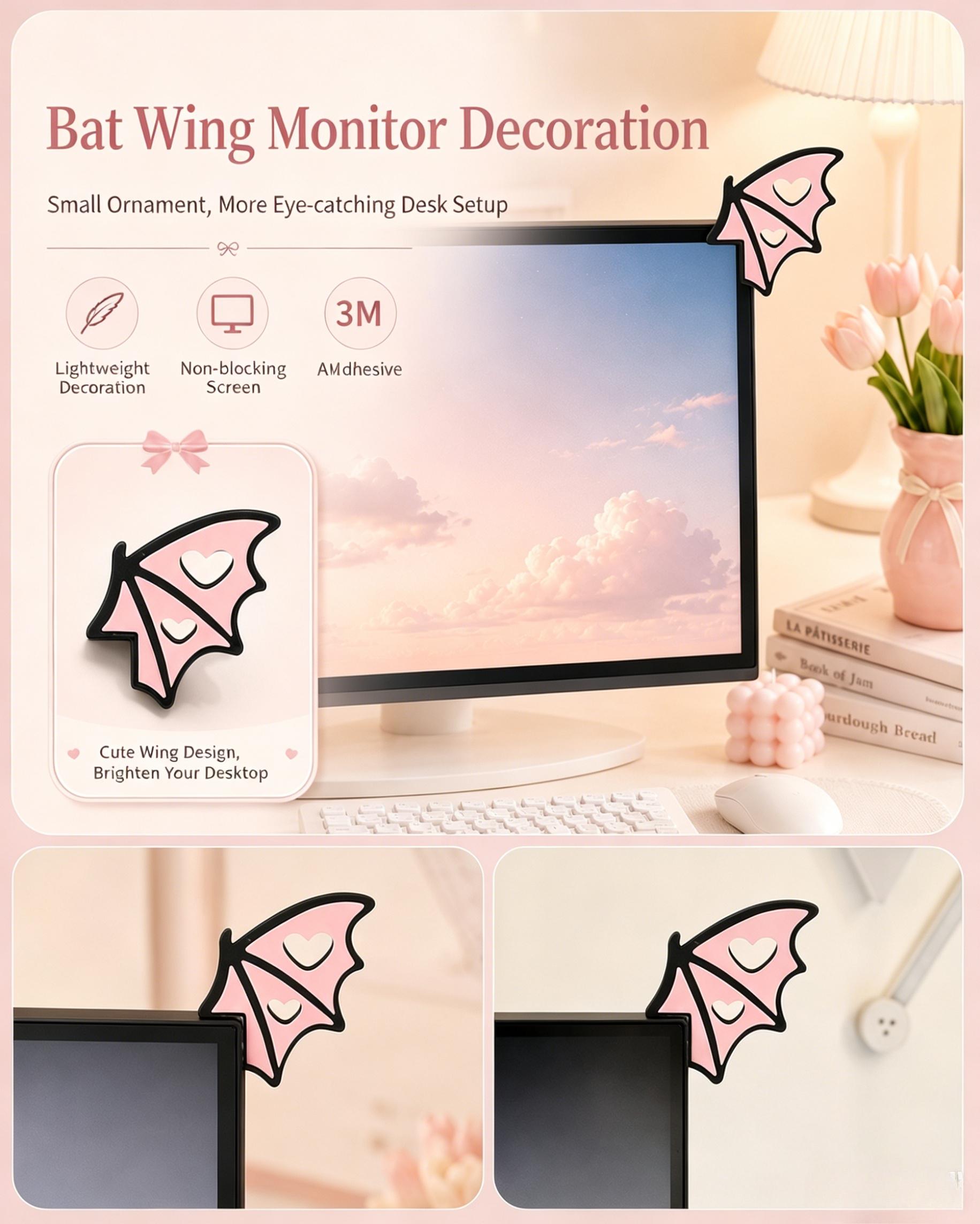 Gothic Bat Wings Screen Decor | Kawaii Gaming Setup Accessories | Cool Devil Wings for Computer & Car Screen | Spooky Cute Desk Aesthetic Ornament