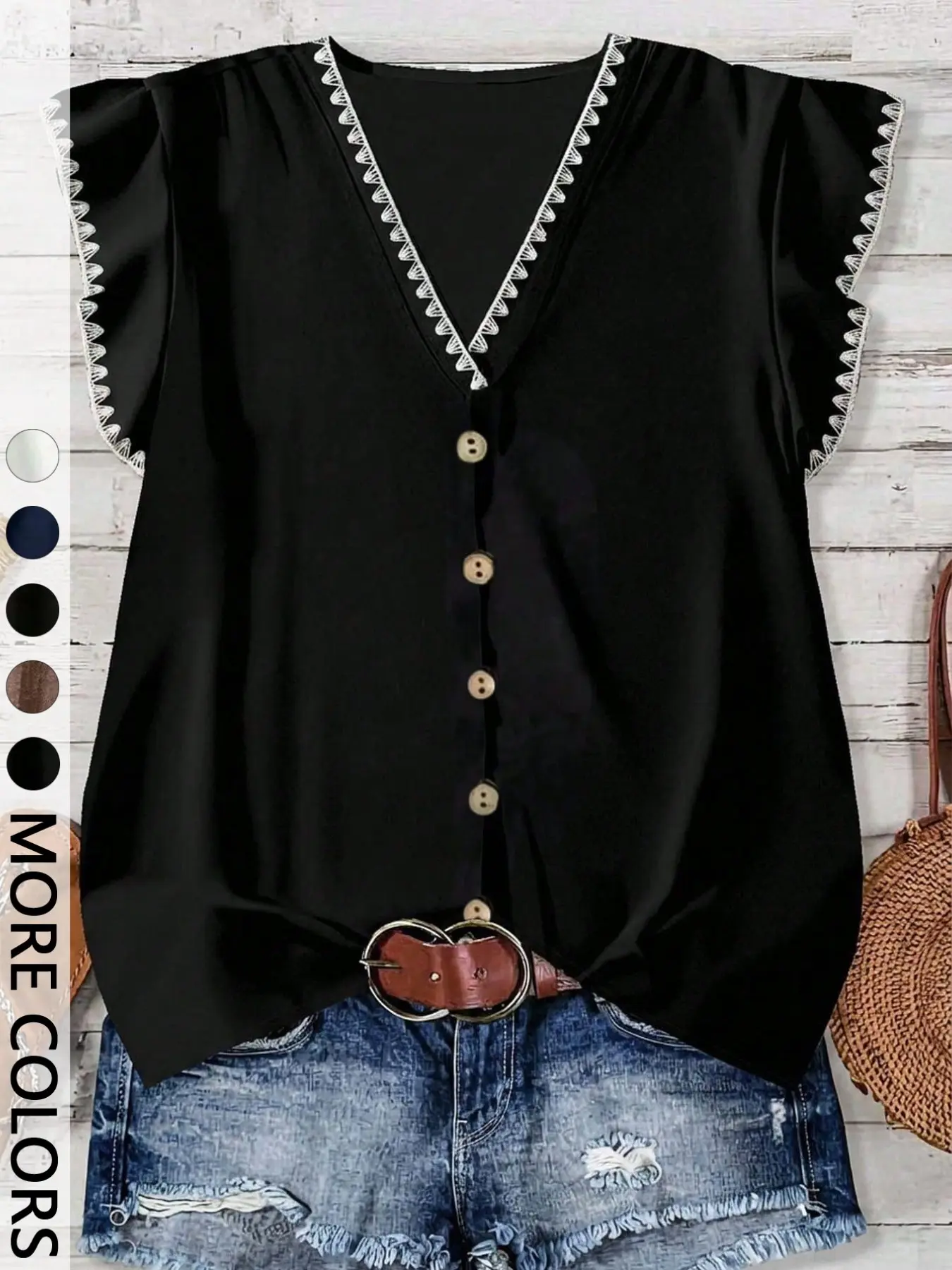 Summer Women's V Neck Flutter Sleeve Top, Lace Trim Button Front Loose Fit Shirt, Casual Office Vacation French Style Short Sleeve Blouse