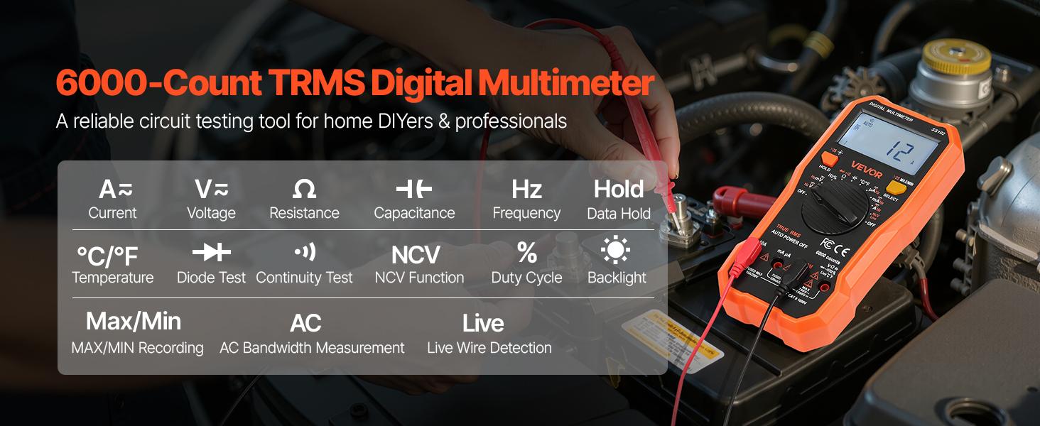 VEVOR Digital Multimeter, 6000-Count TRMS DC/AC Voltmeter Current Tester, Professional NCV Multimeter for Current Voltage Resistance Capacitance Duty-Cycle Tempetature Diodes Continuity Live Wire Test