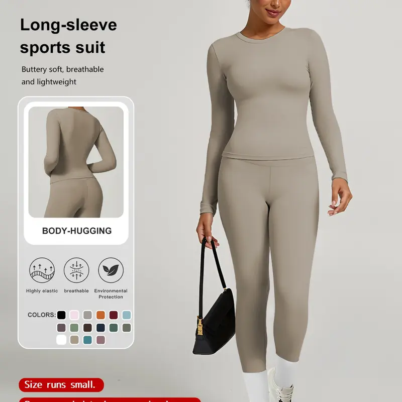 Women's Sporty Plain Suit, Short Sleeve High Waist Above Ankle, Comfortable Yoga Fitness Set, 2-Piece for Daily Wear, Sports Wear
