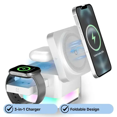 15W Wireless Charger, Smart Charging Dock, 3-in-1 Foldable Magnetic Wireless Charging Station, Phone Holder for Charging with Night Light, Compatible with iPhone 12-15, Electronic Gadgets
