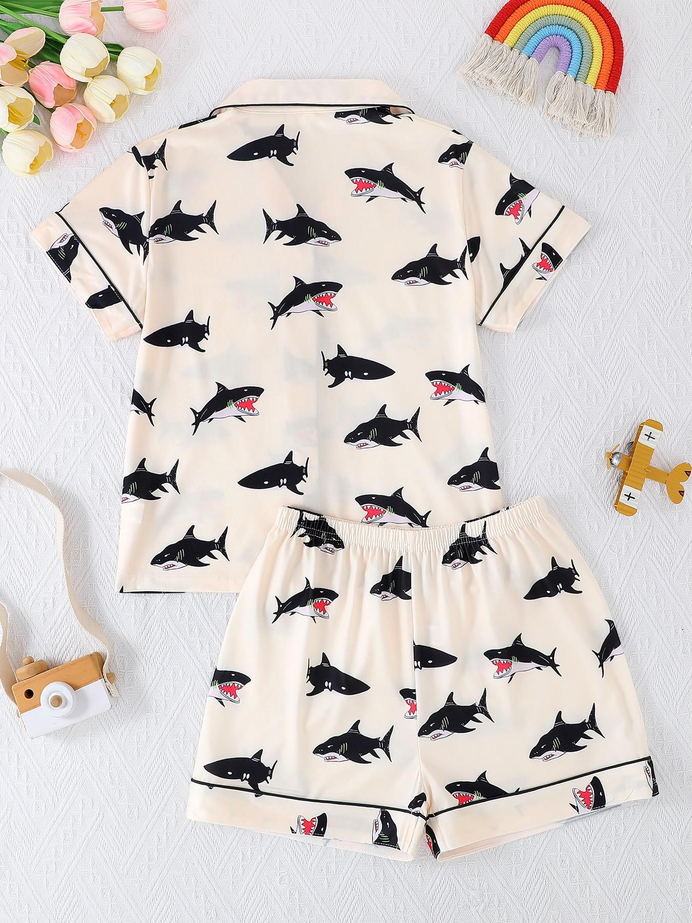 Kids Pajama Set, Cute Cartoon Shark Print, Short Sleeve Loose Fit, Fire-Resistant Knit Fabric, Spring Summer All Seasons