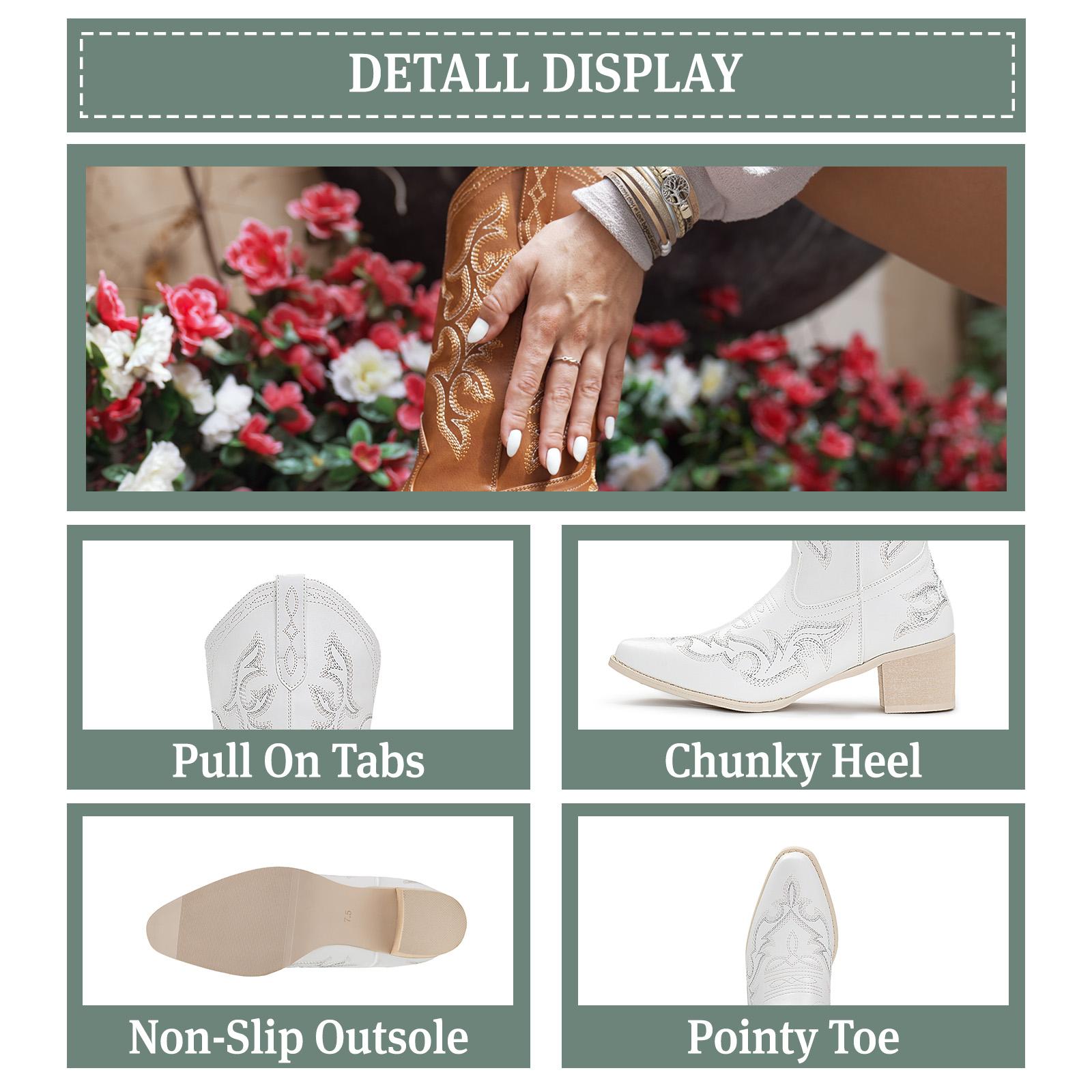 IUV Cowboy Boots For Women Western Style Embroidered Pointy Toe in Black PU Leather 2.0 Inches Heel Comfortable Synthetic Lining Slip-On Design