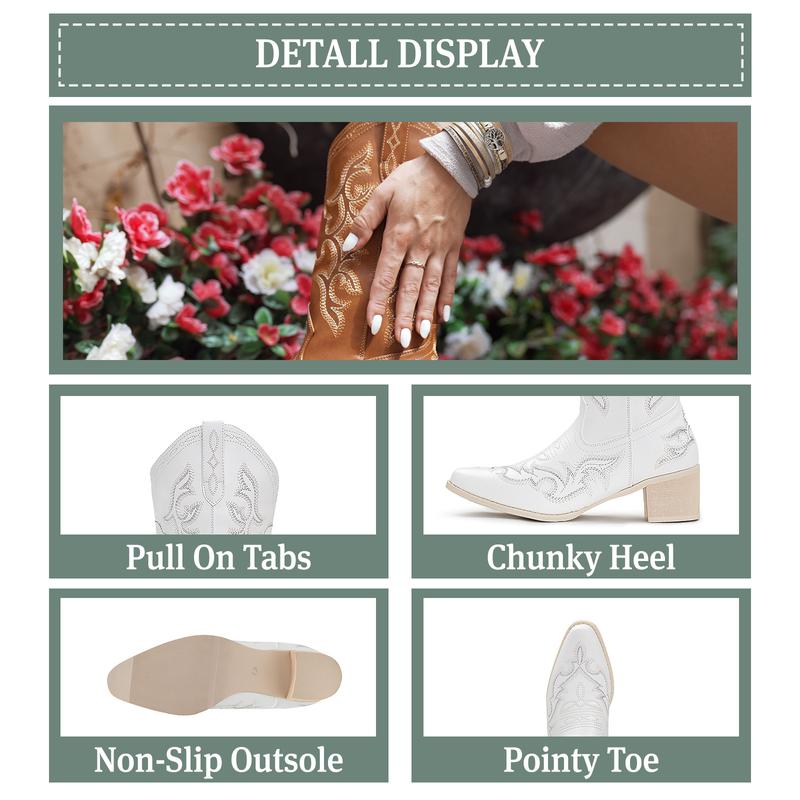 IUV Cowboy Boots For Women Western Style Embroidered Pointy Toe in Black PU Leather 2.0 Inches Heel Comfortable Synthetic Lining Slip-On Design