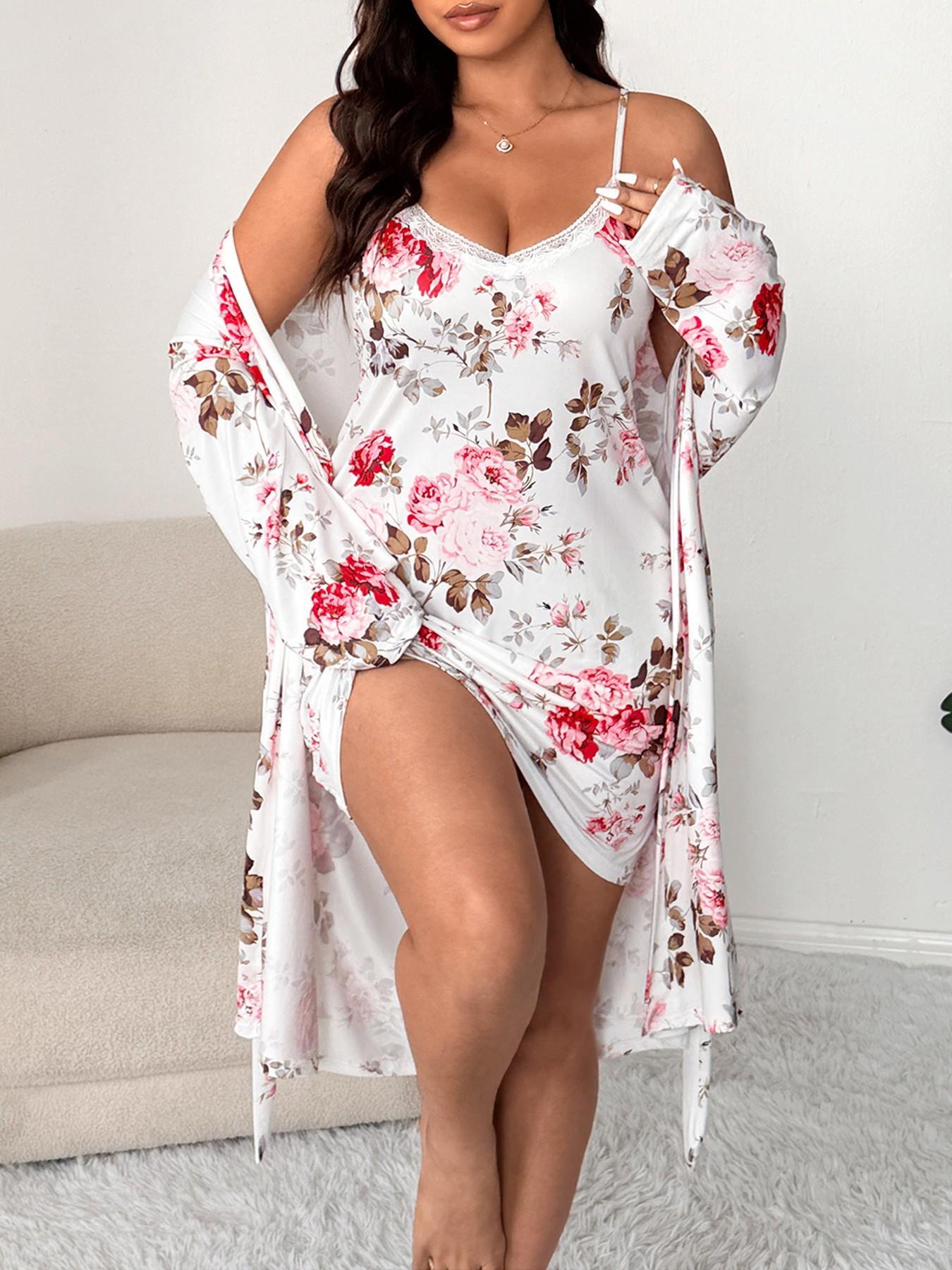 【Plus Size】 Floral Print Lace Trim Cami Nightdress & Open Front Long Sleeve Robe Two-piece Set, Casual Comfy Pyjama Set for Women, Women's Sleepwear for Spring & Fall